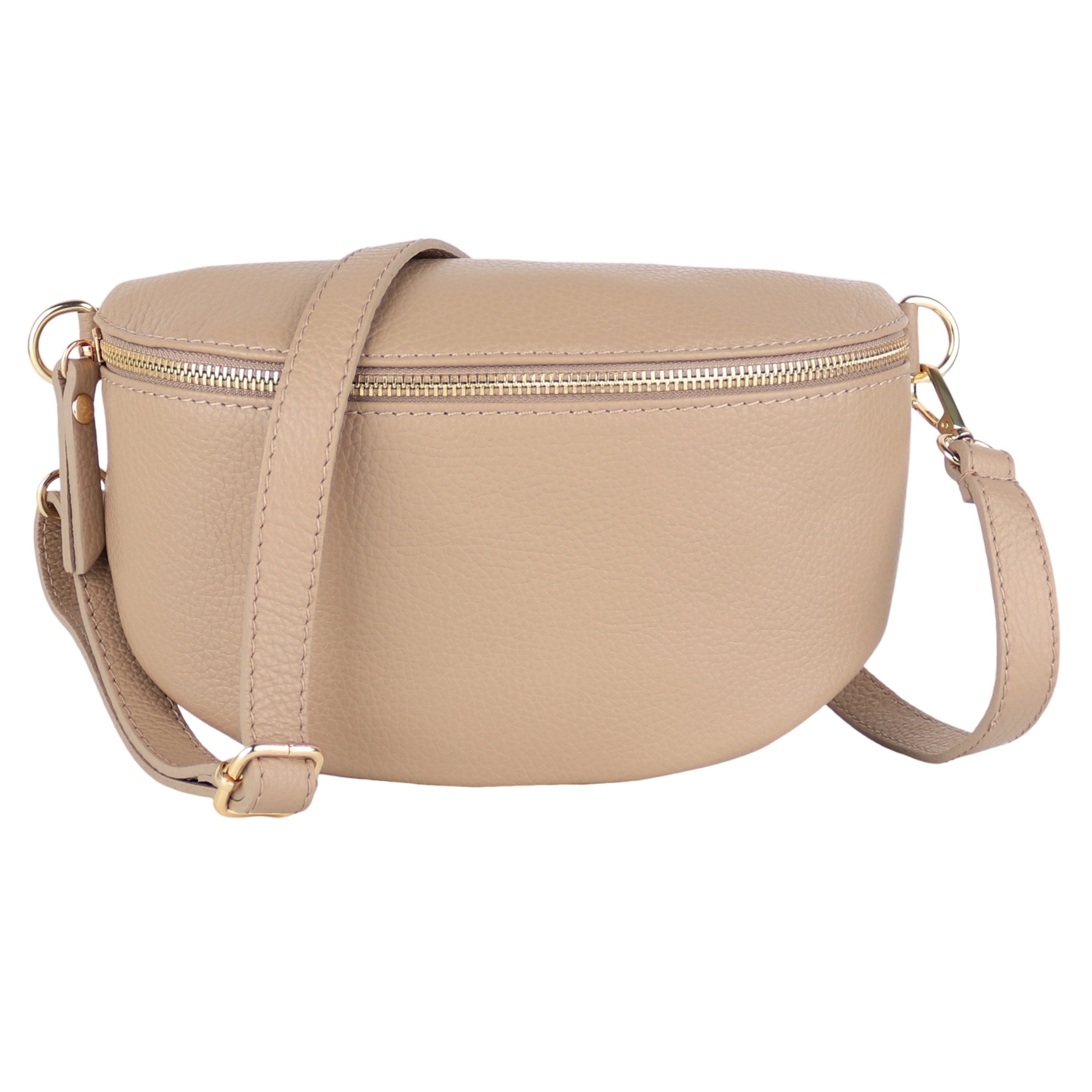 MIRROSI Bauchtasche mit GOLDENER Reißverschluss Damen, Echtleder, MADE IN ITALY, (Umhängetasche, Schultertasche auch Leder für jeden Anlass (1 Tasche & 1 Ledergurt), 3 Größen auswählbar, Brusttasche), Crossbody Bag, Gold, verstellbare Schulterriemen