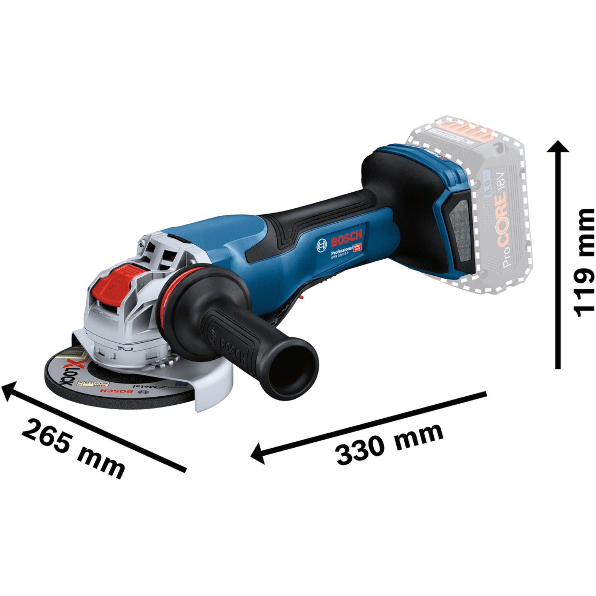 Leistung/Spannung: mit Akku-Betrieb, GWX Akku-Winkelschleifer P, solo, Karton, BITURBO 18Volt 18V-15 Bosch Professional X-LOCK