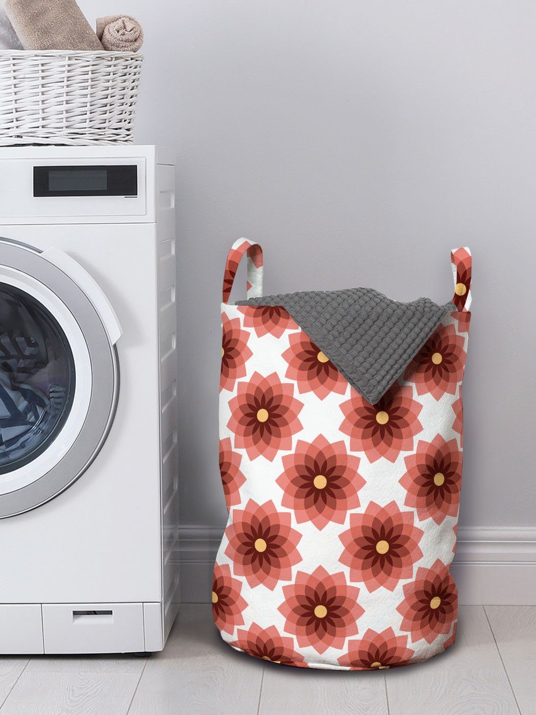 Wäschekorb Kreis Wäschesäckchen Kordelzugverschluss Griffen Waschsalons, für Teardrop-Form mit Abakuhaus und Blumen