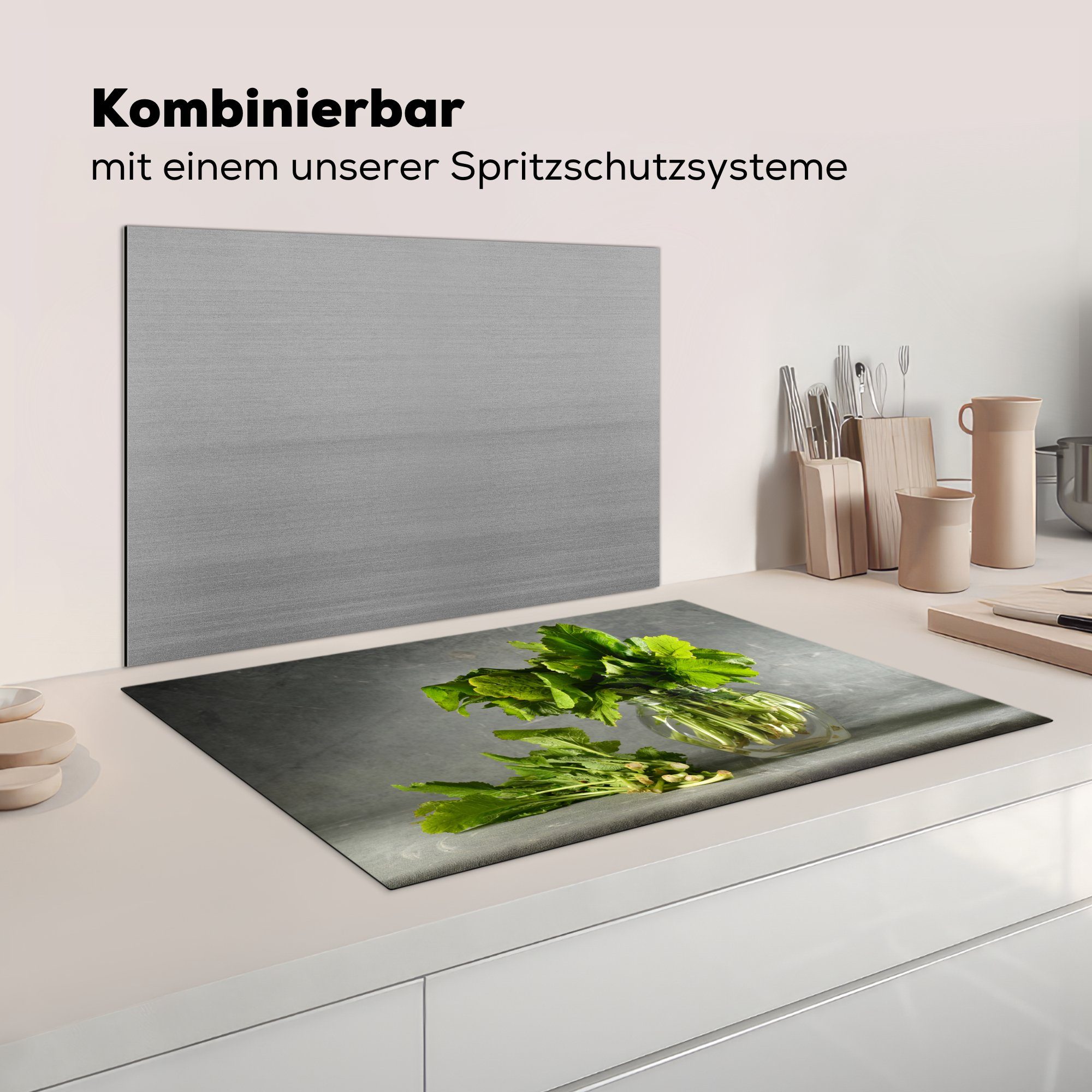 küche, tlg), Induktionskochfeld cm, Herdblende-/Abdeckplatte Hintergrund, Vinyl, (1 81x52 Ceranfeldabdeckung MuchoWow grauem die vor Schutz einer Glasvase in Blattschnitte für