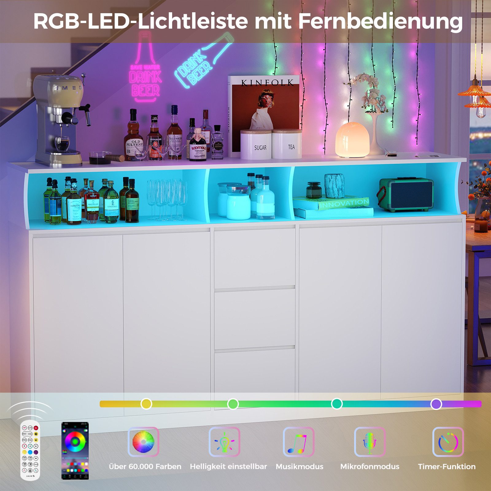 BEWISHOME Sideboard Küchenschrank mit Arbeitsplatte, Küchenbuffet Buffetschrank (2 St), – 180×40×80 cm