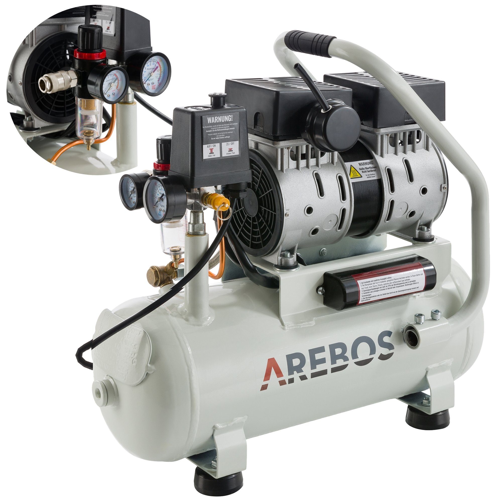 Arebos Kompressor Flüsterkompressor, Druckluft Kompressor, 800 W, max. 8,00 bar, 24,00 l, Set | Druckluftgeräte