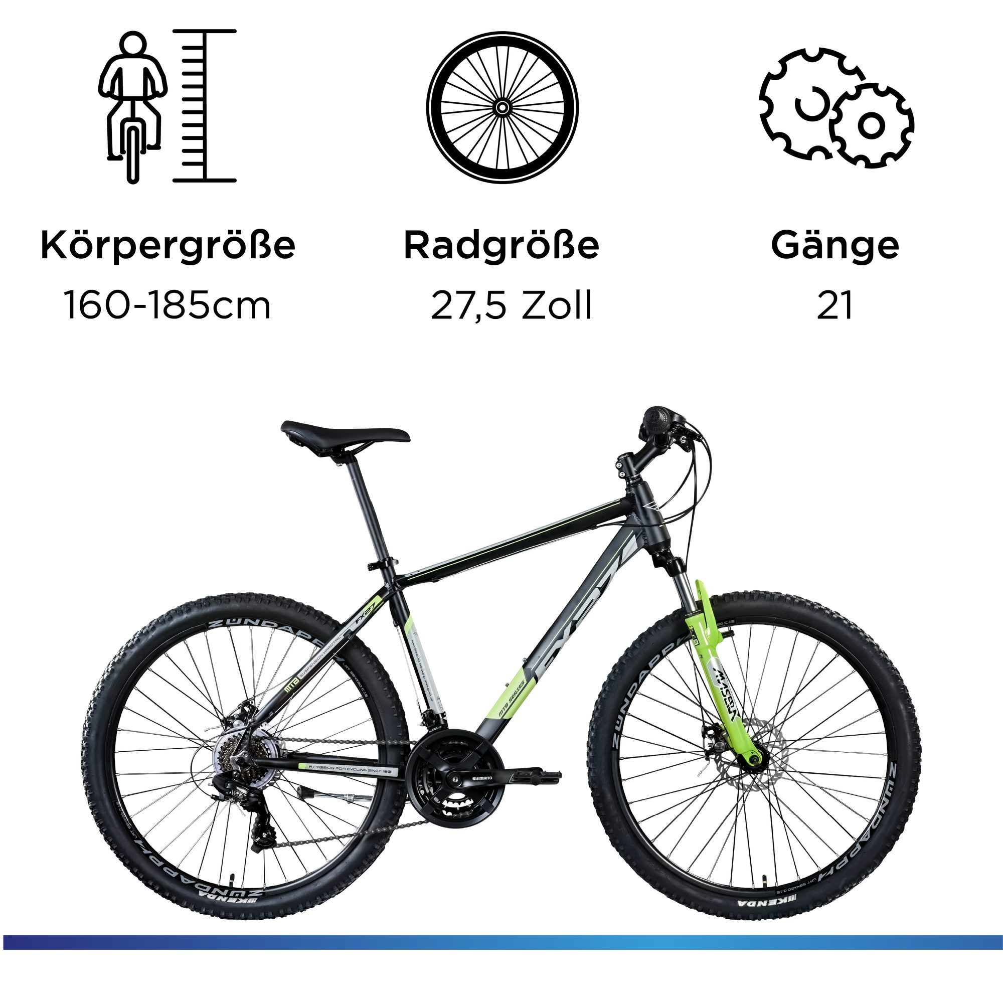 Zündapp Mountainbike FX27, 21 Gang Shimano Tourney Schaltwerk, Kettenschaltung, Mountainbike 27,5 Zoll Hardtail 160 - 185 cm Fahrrad
