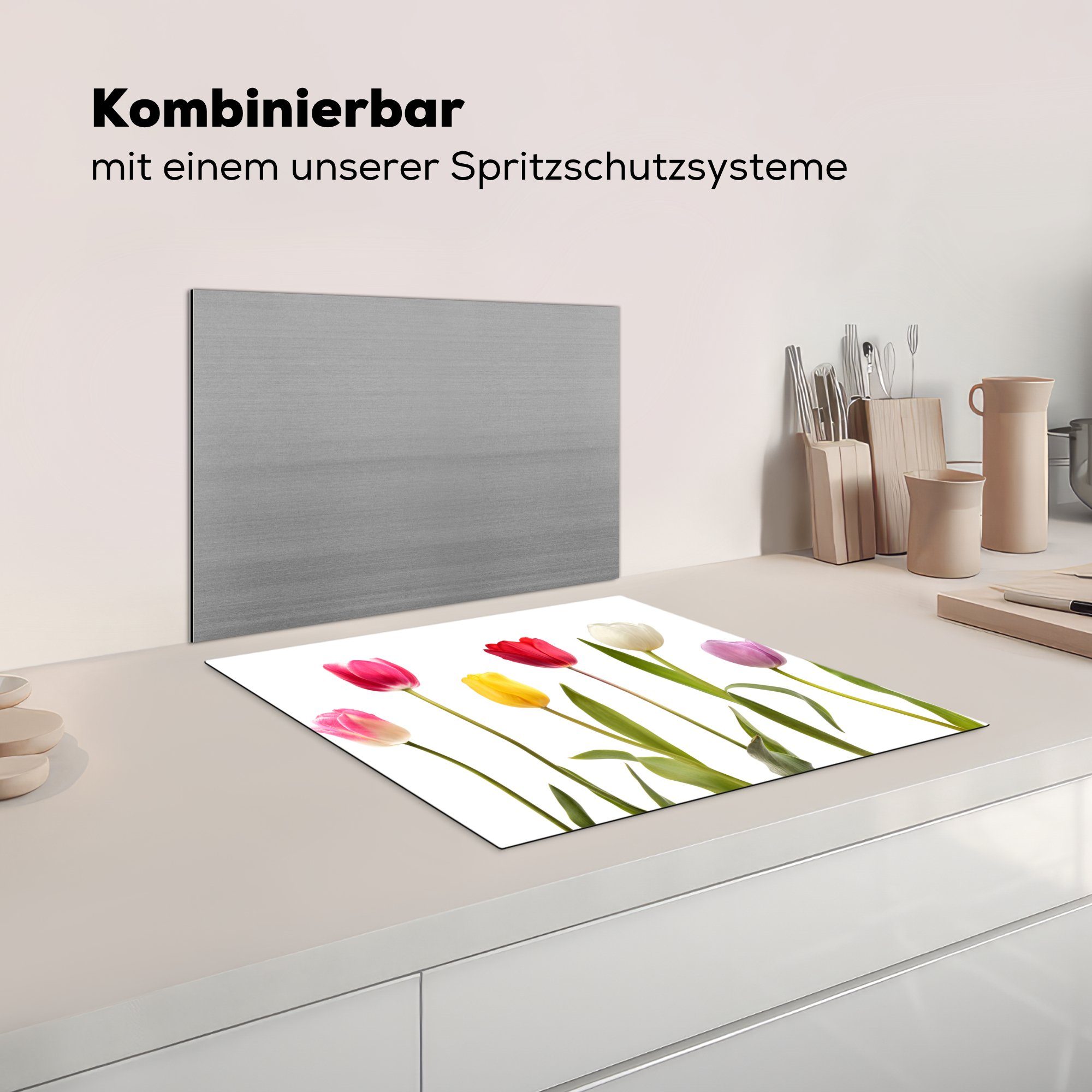 nutzbar, - Vinyl, Arbeitsfläche Blumen Weiß 60x52 - tlg), Herdblende-/Abdeckplatte cm, MuchoWow Ceranfeldabdeckung Mobile - (1 Stilleben, Tulpen