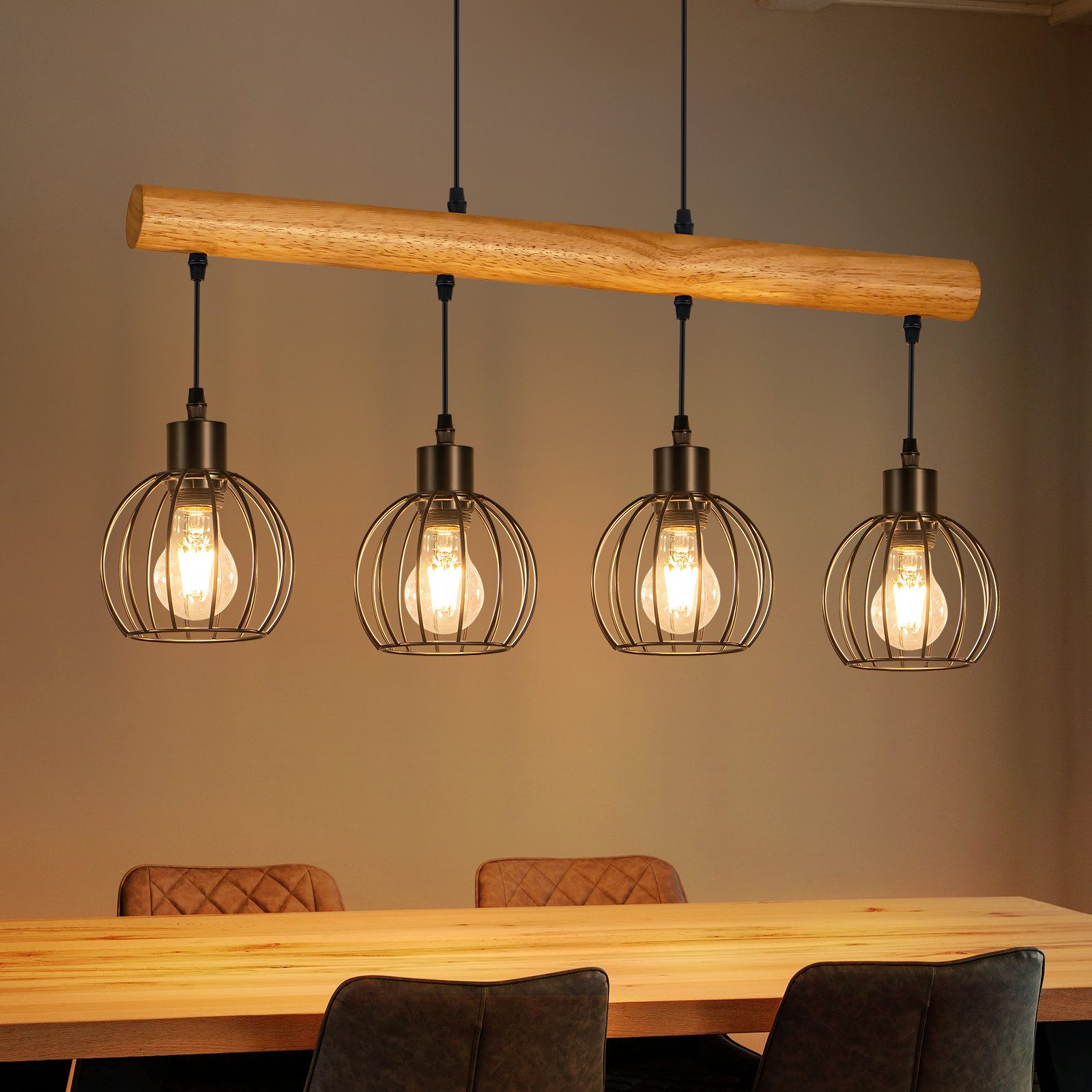 Nettlife Pendelleuchte Vintage 3/4 flammig schwarz Hängelampe aus Holz im Industrial Design, ohne Leuchtmittel, Retro Hängeleuchte für Esstisch Küche Wohnzimmer Bar Eisen