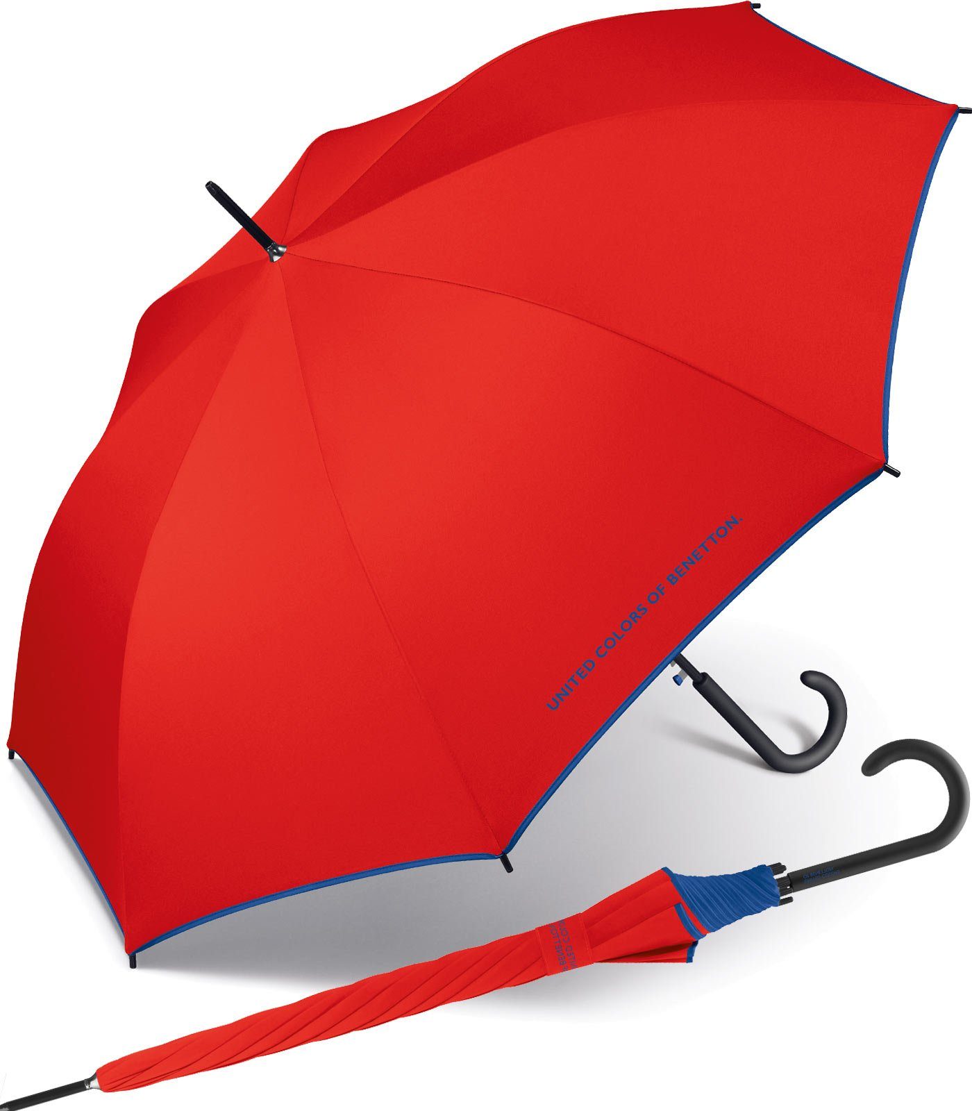 United Colors of Benetton Langregenschirm großer Regenschirm mit Auf-Automatik und Logo, einfarbig mit Kontrastfarben am Schirmrand rot