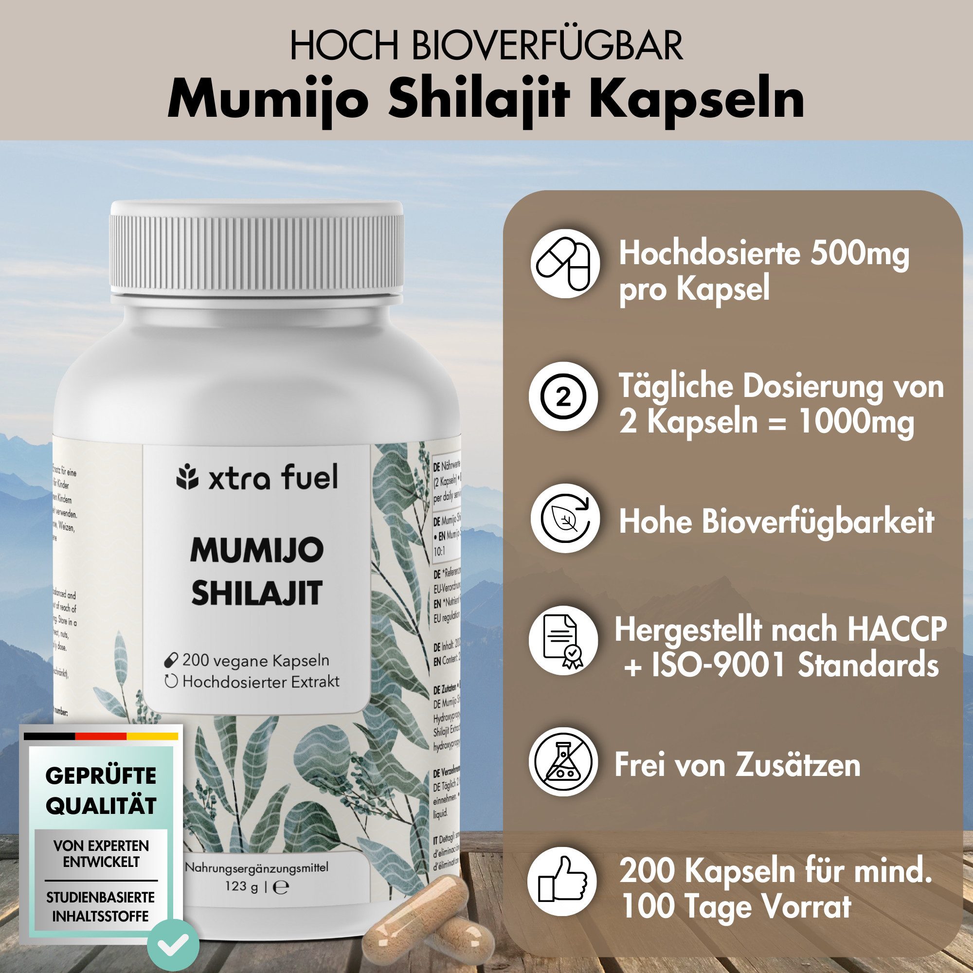 XTRA FUEL Mumijo Shilajit hochdosiert - 200 Kapseln, 80% Fulvin- & Huminsäure Kapseln, 123 g