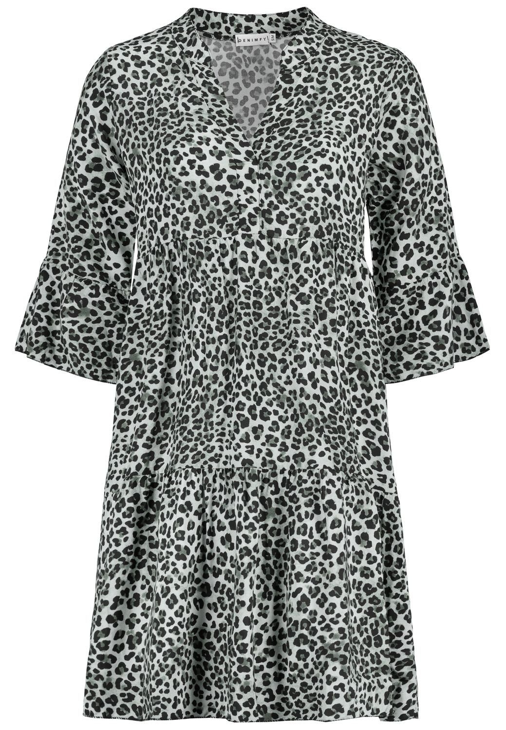 DENIMFY Zomerjurk dames knielange A-lijn DFFrida 3/4 mouwen strandjurk boho tuniek jurk zomer midi-jurk vrijetijdsjurk 100% viscose bruin roze blauw zwart groen grijs S-M M-L L-XL, Mille Fleurs Black