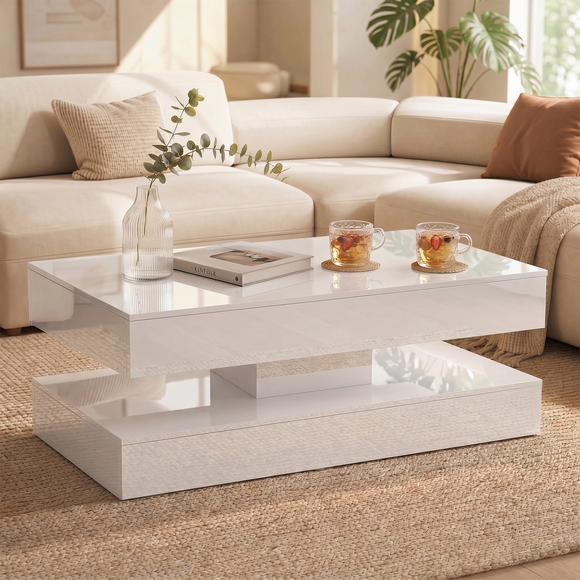 Sunsitt Couchtisch Moderner Couchtisch in Hochglanz-Optik (Wohnzimmertisch mit 2 Schubladen, 100 x 50 x 45 cm), Sofatisch für Wohnzimmer, Schlafzimmer & Büro, Weiß