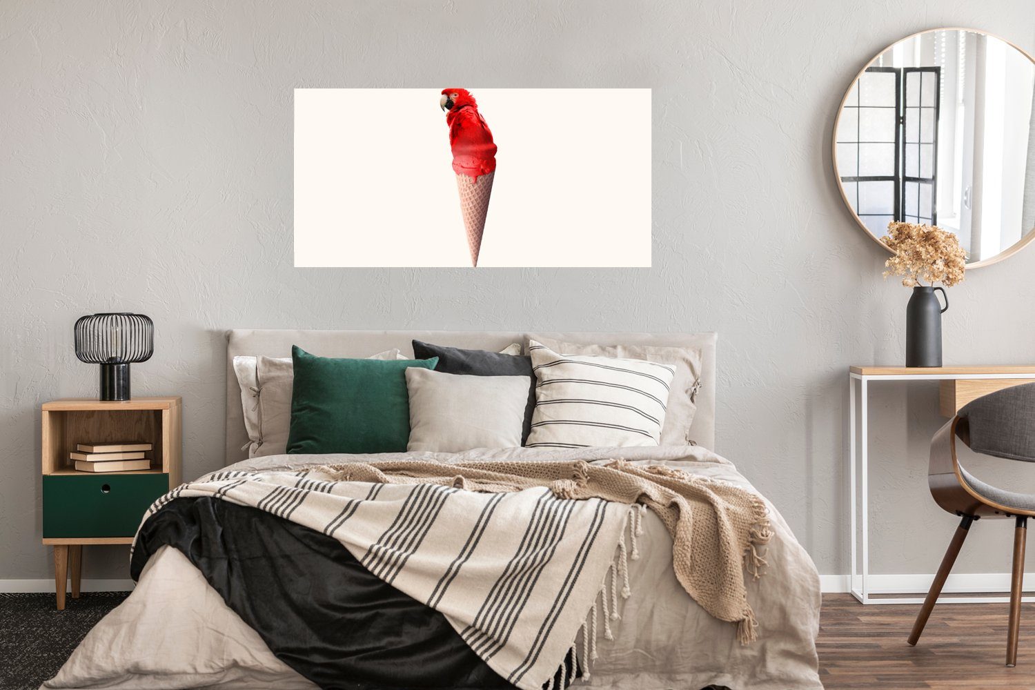 St), für Rot Eistüten Papagei Weiß, - Wandposter, Wohnzimmer, MuchoWow Eiscreme Bild - Schlafzimmer, Wanddeko Rahmen, (1 Poster Ohne - -