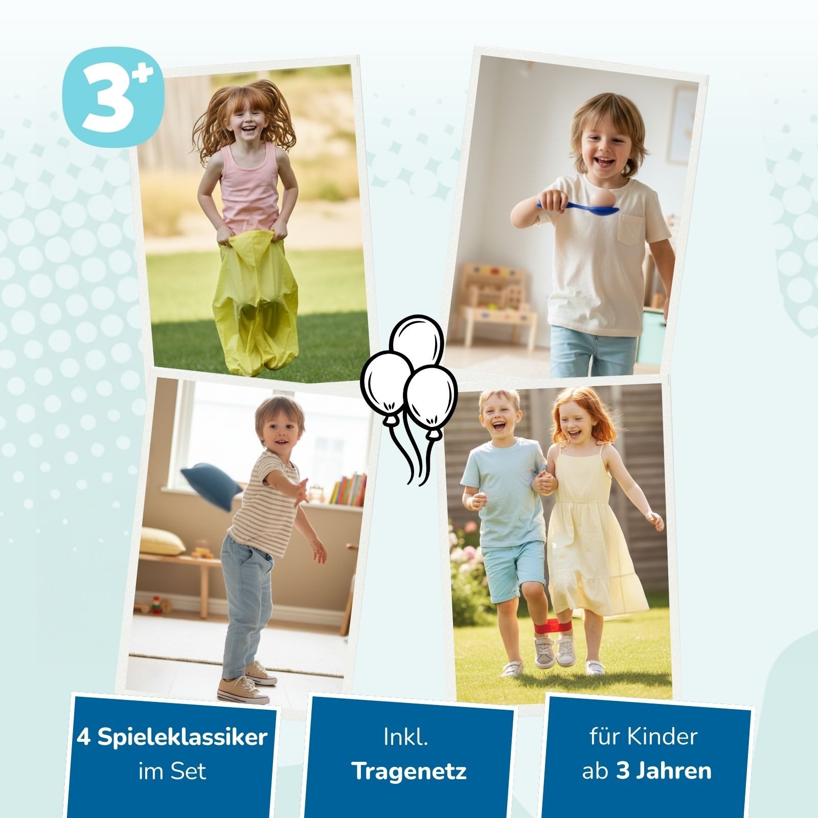 alldoro Spielesammlung Partyspiele Set für Kinder, Spielesammlung für Kindergeburtstag, 18-teilig mit Sackhüpfen, Eierlauf, Säckchen werfen und Dreibeinlauf