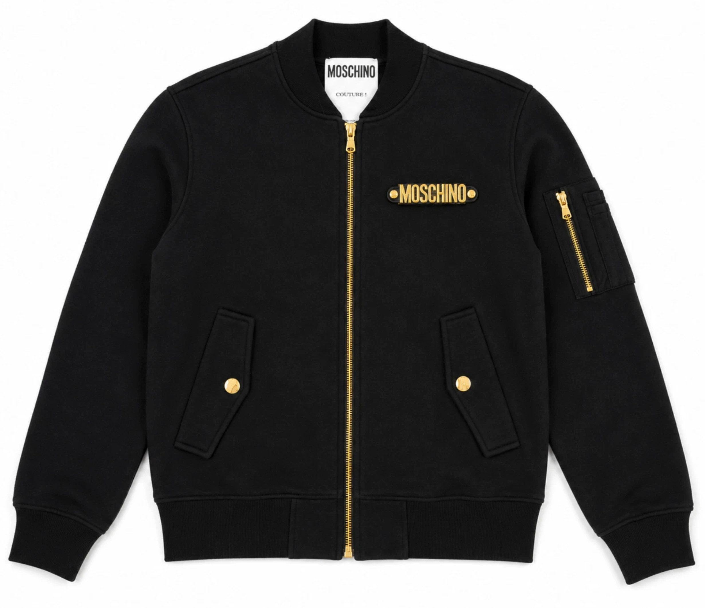 Moschino Bomberjacke Couture! Sweat Blouson Sweatjacke Gold Metal Logo Dreidimensionales Moschino Metalllogo auf der Brust