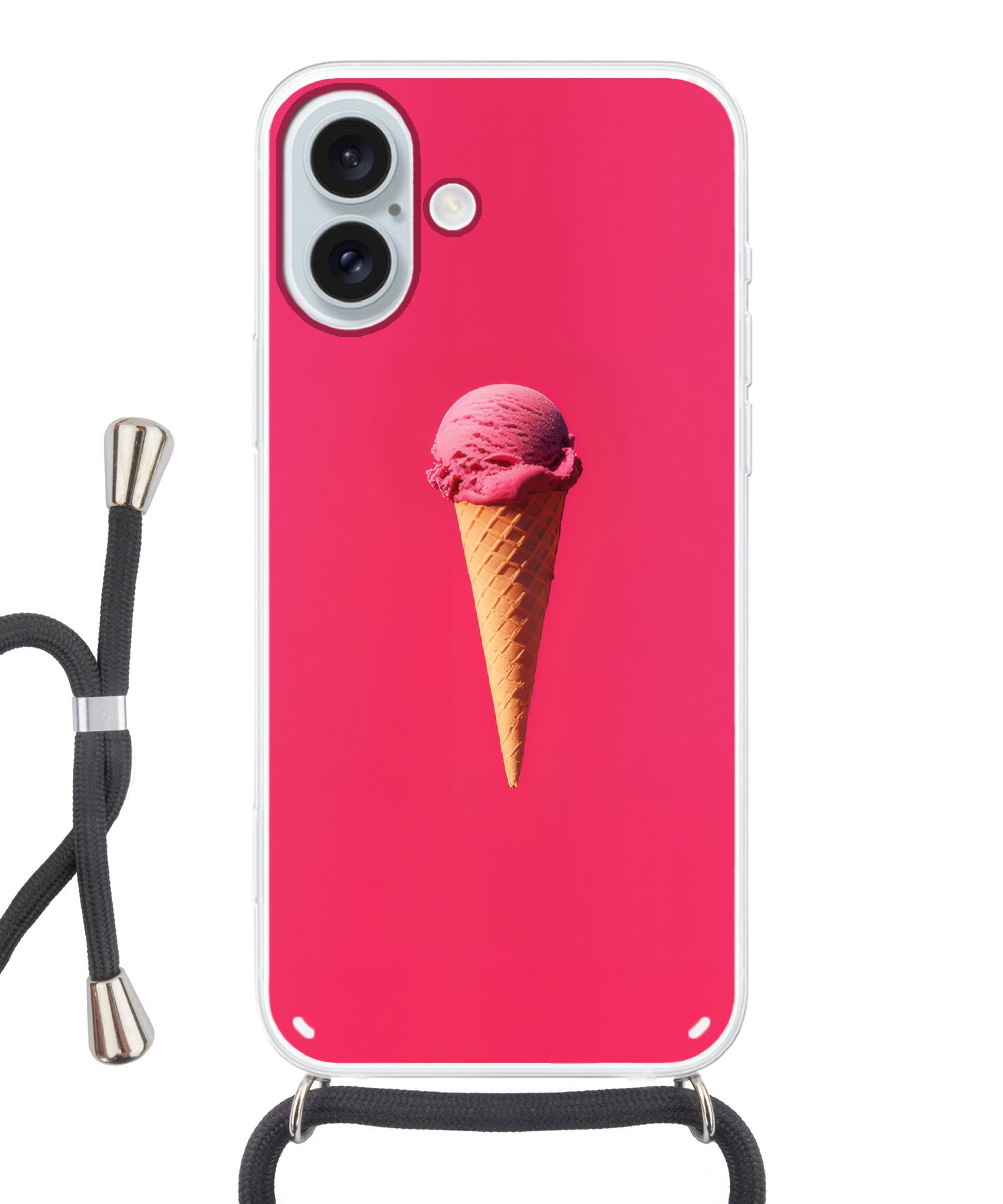 MuchoWow Handyhülle für Apple iPhone 16 Plus Schaufel Eiscreme - Rosa - Horn, Tragbare Handyhüllen mit Kette zum umhängen, Handykette Handyband