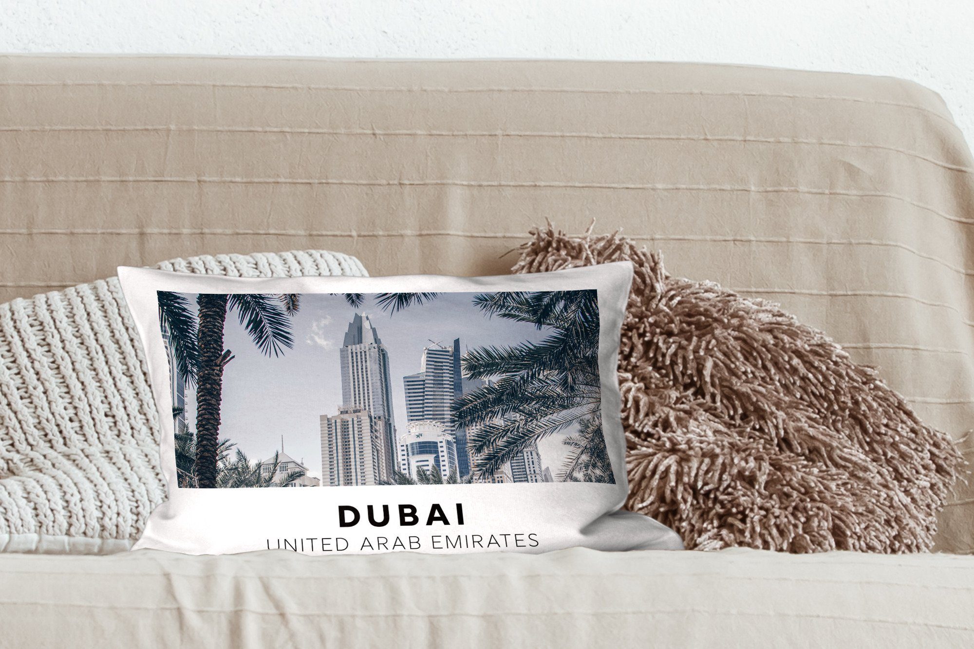 Wohzimmer - - Palmen, Dubai MuchoWow Architektur Dekoration, Schlafzimmer mit Zierkissen, Dekokissen Füllung, Dekokissen