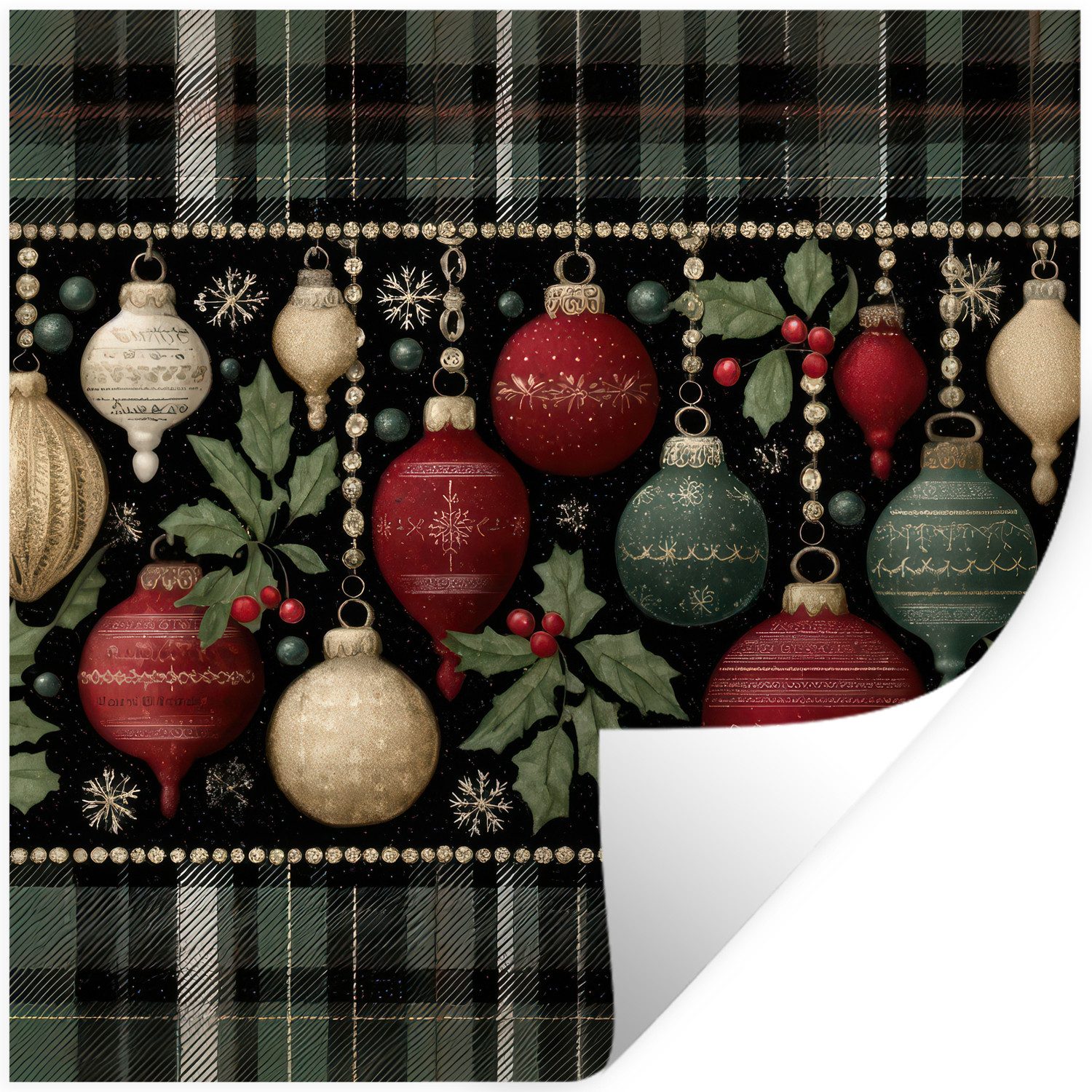 MuchoWow Wandsticker Weihnachtskugeln - Rot - Stechpalmenzweige - Muster (1 St), Wandaufkleber, Selbstklebend, Wohnzimmer, 100x100 cm