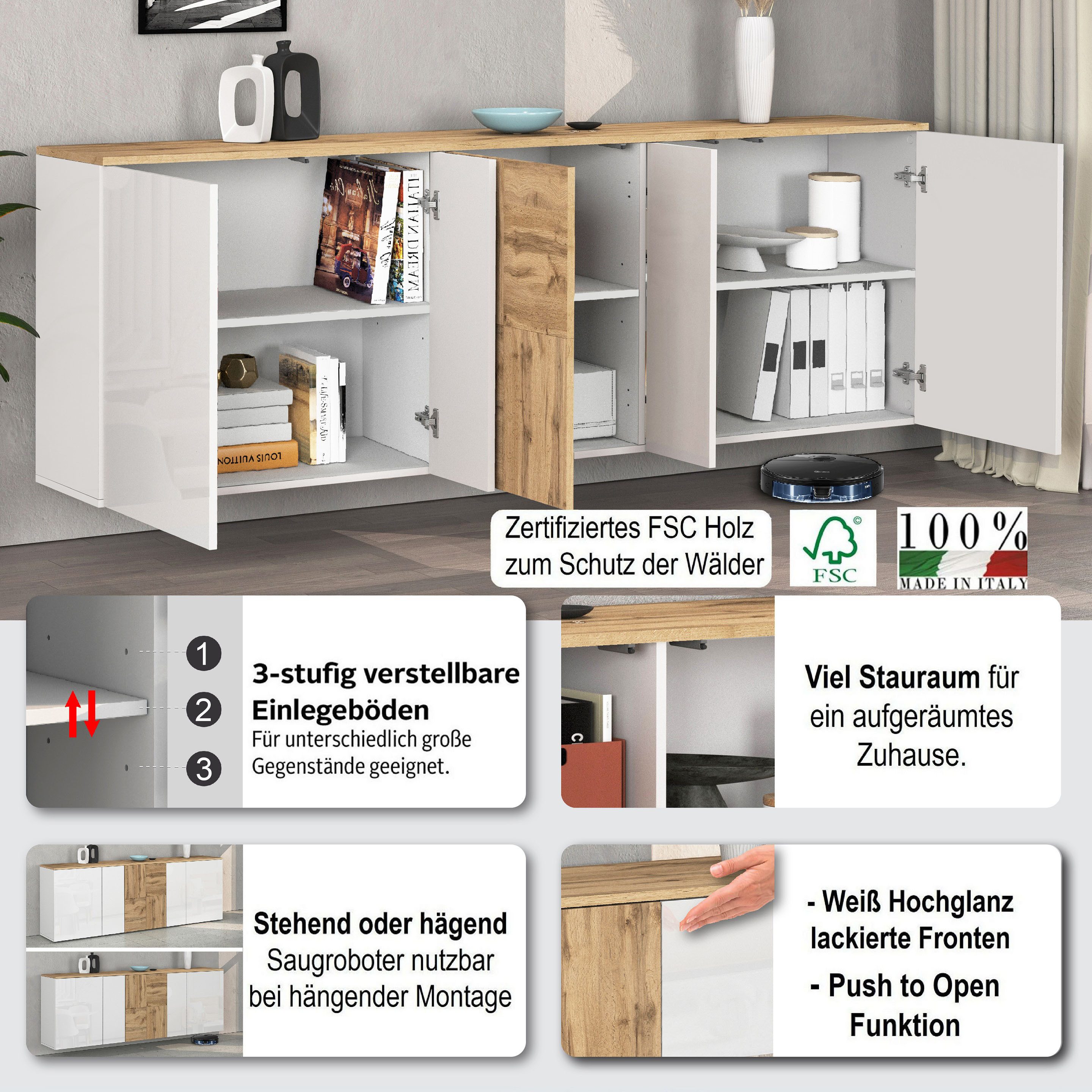 OTTO home Sideboard ISEO, Kommode, Schrank, Sideboard, Lowboard, 6 Fächer, Breite 200 cm (1 St), stehend/hängend, 5 Türen Hochglanz lackiert, Made in Italy