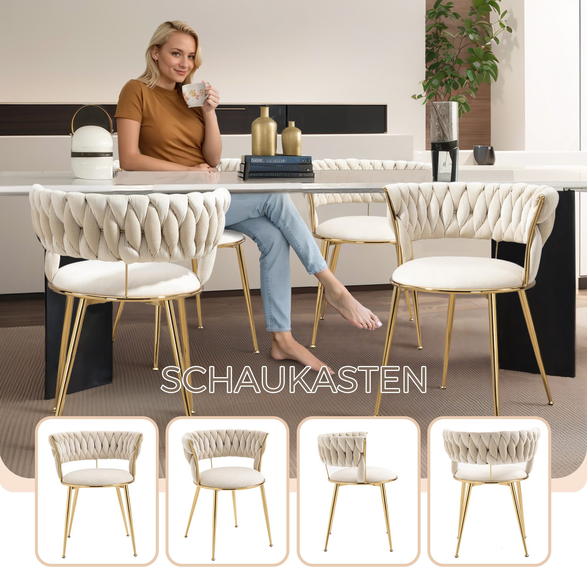 LVHOM Esszimmerstuhl Luxuriöse Samt-Stühle 2er-/4er-/6er-Set mit Rückenlehne & Metallbeine (Goldene Stuhlbeine & Rahmen, Geflochtener Stil, mehrere Farboptionen – Bild 4 von 5