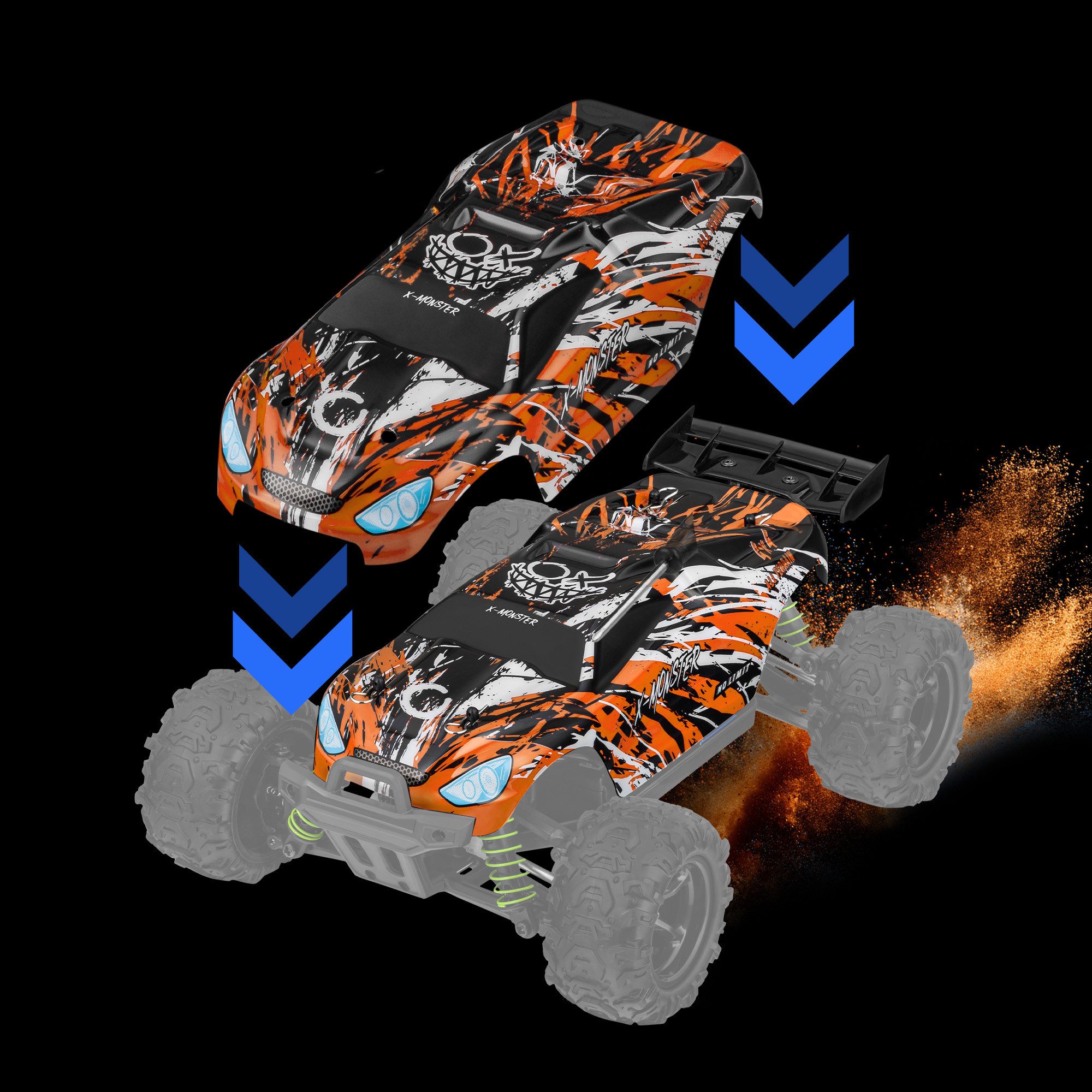 Overmax RC-Auto MONSTER 3.5 SPORT (2 Bodykits, Sport Rot und Schwarz-Grün Body Kit), 2x Akku / 40 min / 4x4 / Extra Bodykit / 3.5 Sport Rot