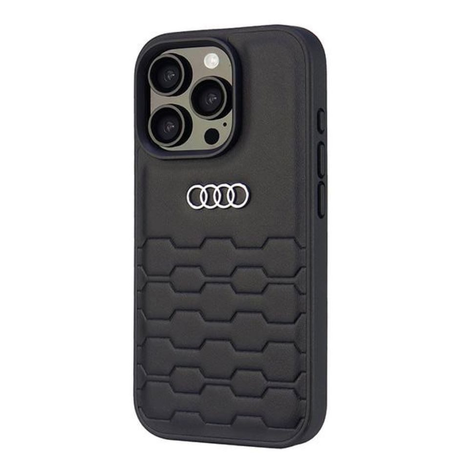 Audi Handyhülle iPhone 16 Pro Kunstleder schwarz Logo Metall 6,3 Zoll, Kantenschutz