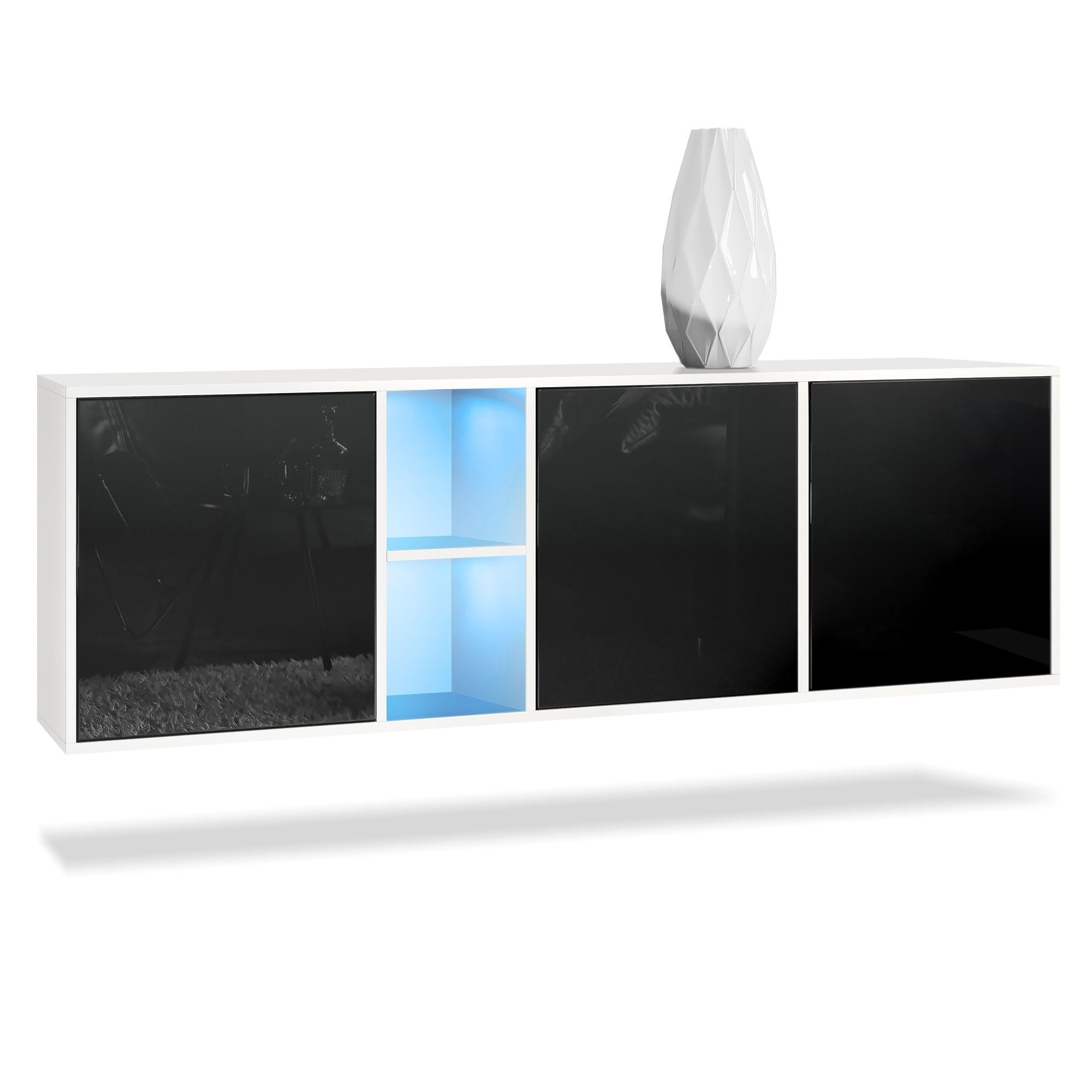 Vladon Sideboard Cuba (Kommode, mit 3 Türen und 2 offene Fächer), Weiß matt/Schwarz Hochglanz inkl. LED-Beleuchtung (182 x 53 x 35 cm)