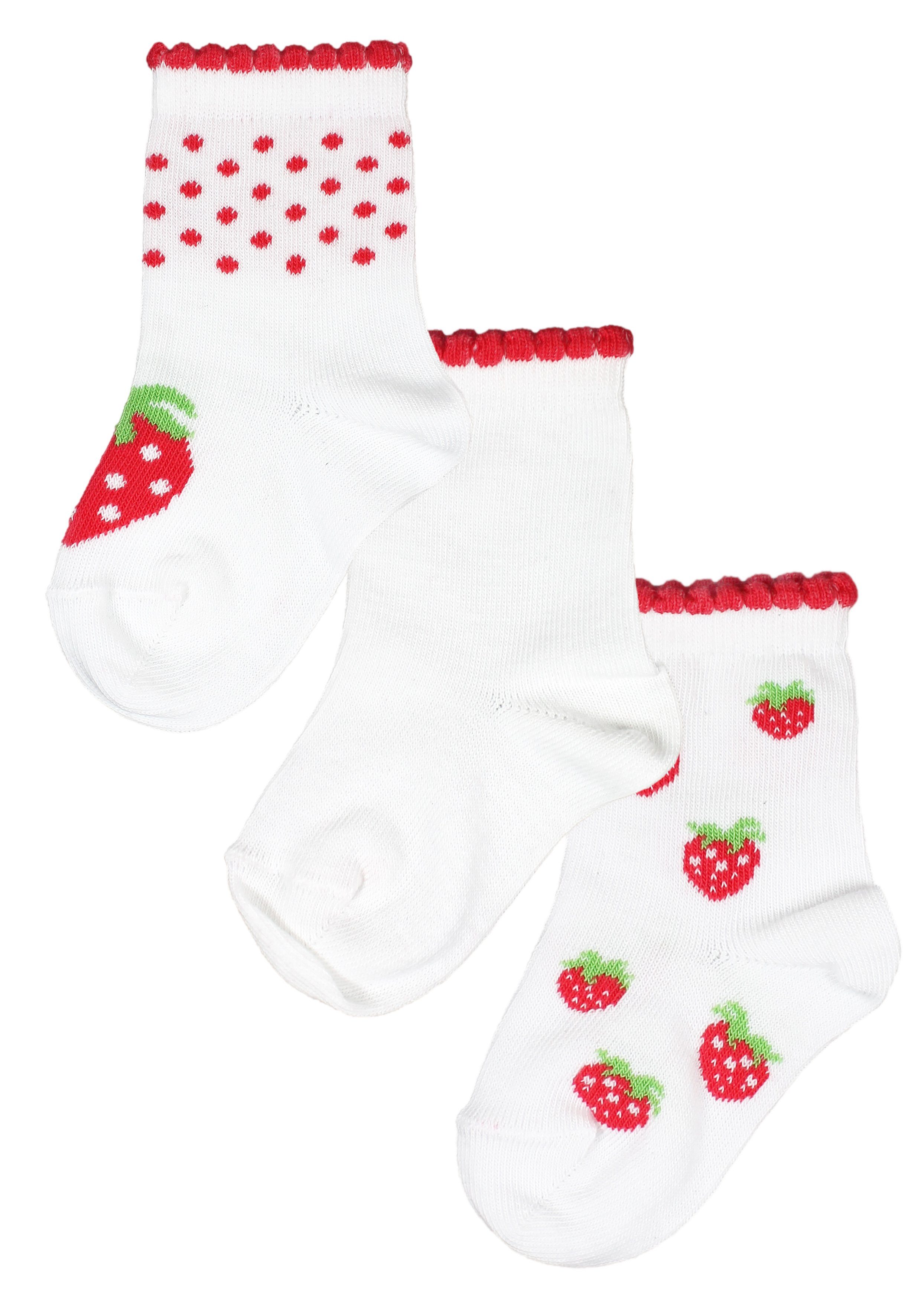 Rogo Socken Erdbeeren (3-Paar) mit farbigem Kräuselrand