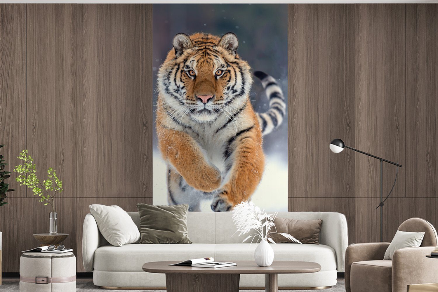 für Landschaft Küche, (2 Tiger Schlafzimmer - - Vliestapete MuchoWow Tiere, St), Schnee - Matt, bedruckt, Wohnzimmer Fototapete Fototapete