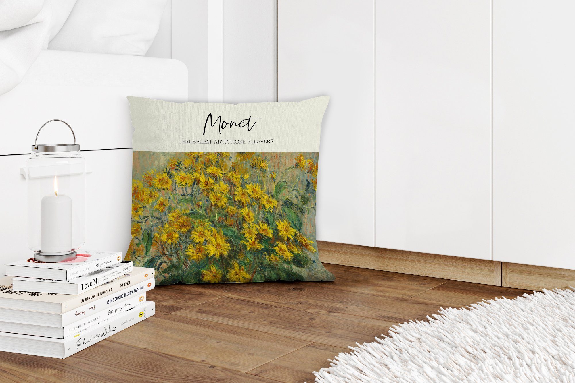 Deko, Gemälde MuchoWow Monet, Schlafzimmer, Dekokissen Sofakissen - für mit Wohzimmer, - Topinamburblüten Füllung Zierkissen