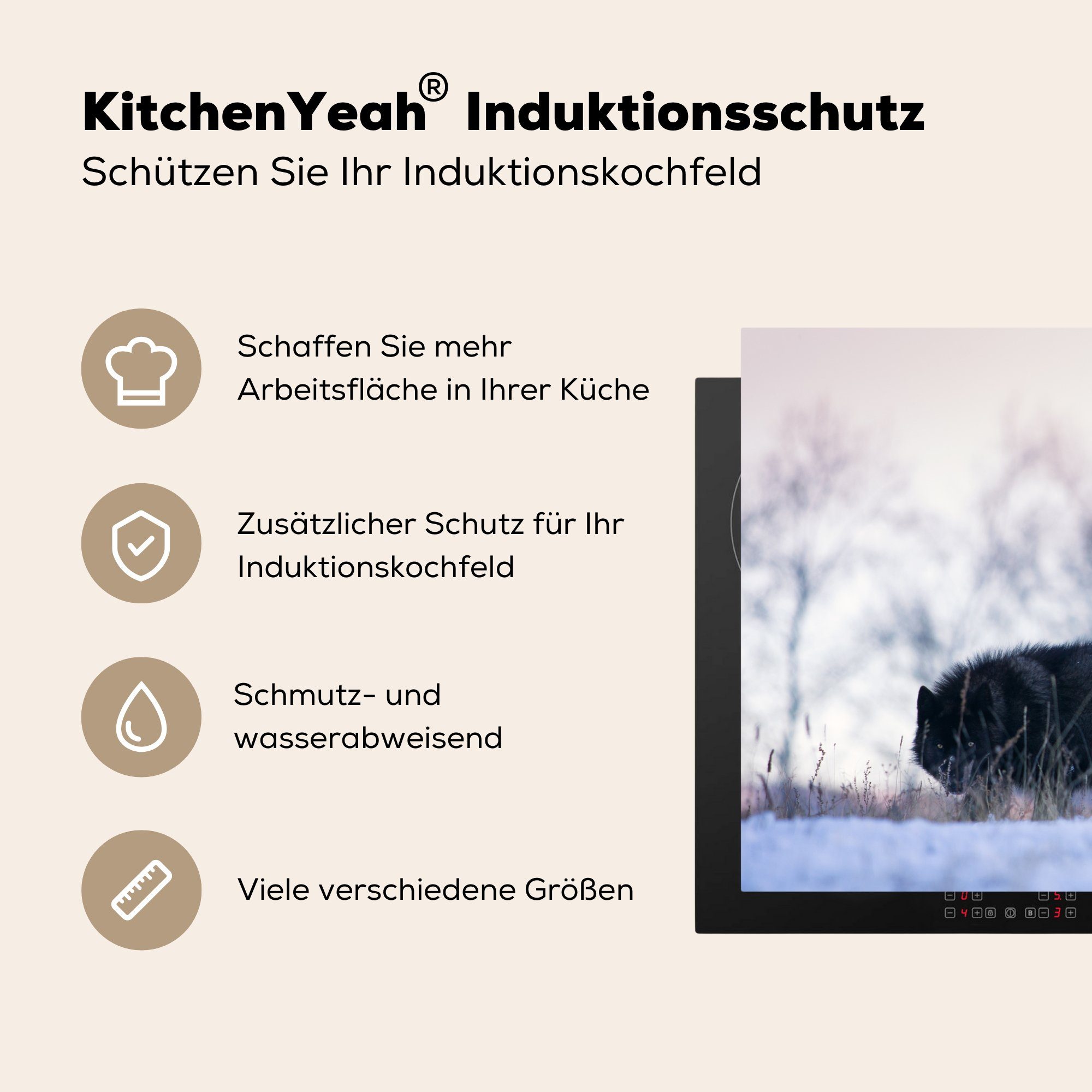 für 81x52 die (1 Wölfe Herdblende-/Abdeckplatte MuchoWow - Induktionskochfeld Ceranfeldabdeckung cm, Schutz tlg), Wald, Schnee küche, Vinyl, -