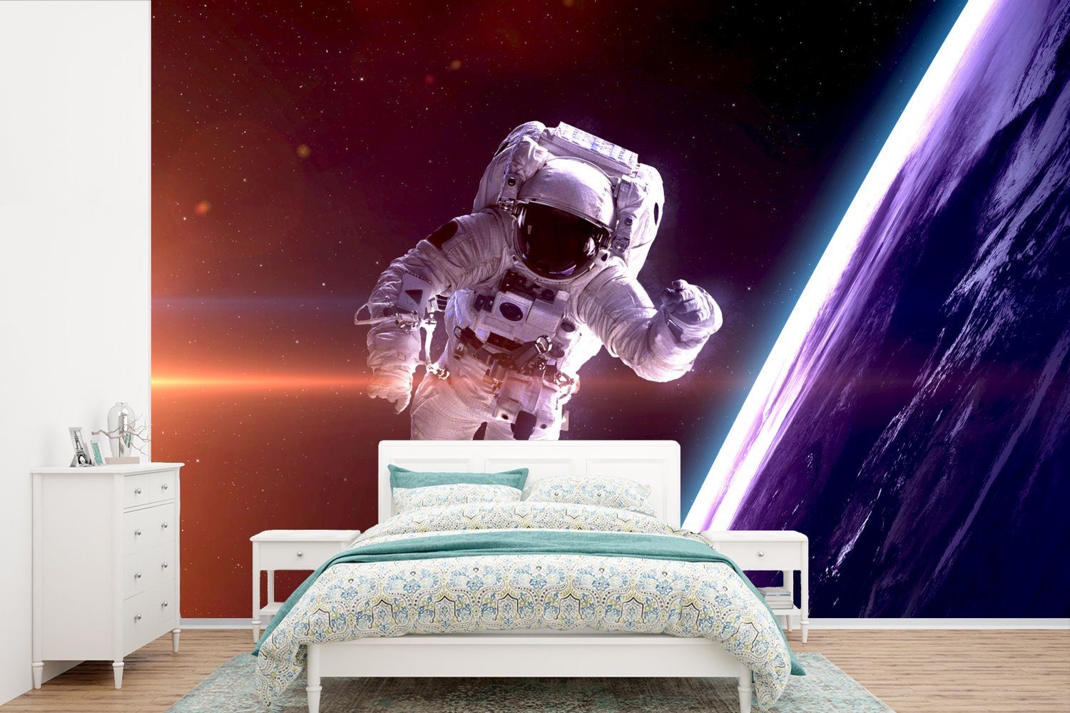 MuchoWow Fototapete Weltraum - NASA - Erde - Jungen - Kinder - Kinder, Matt, bedruckt, (6 St), Wallpaper für Wohnzimmer, Schlafzimmer, Kinderzimmer, Vinyl Tapete