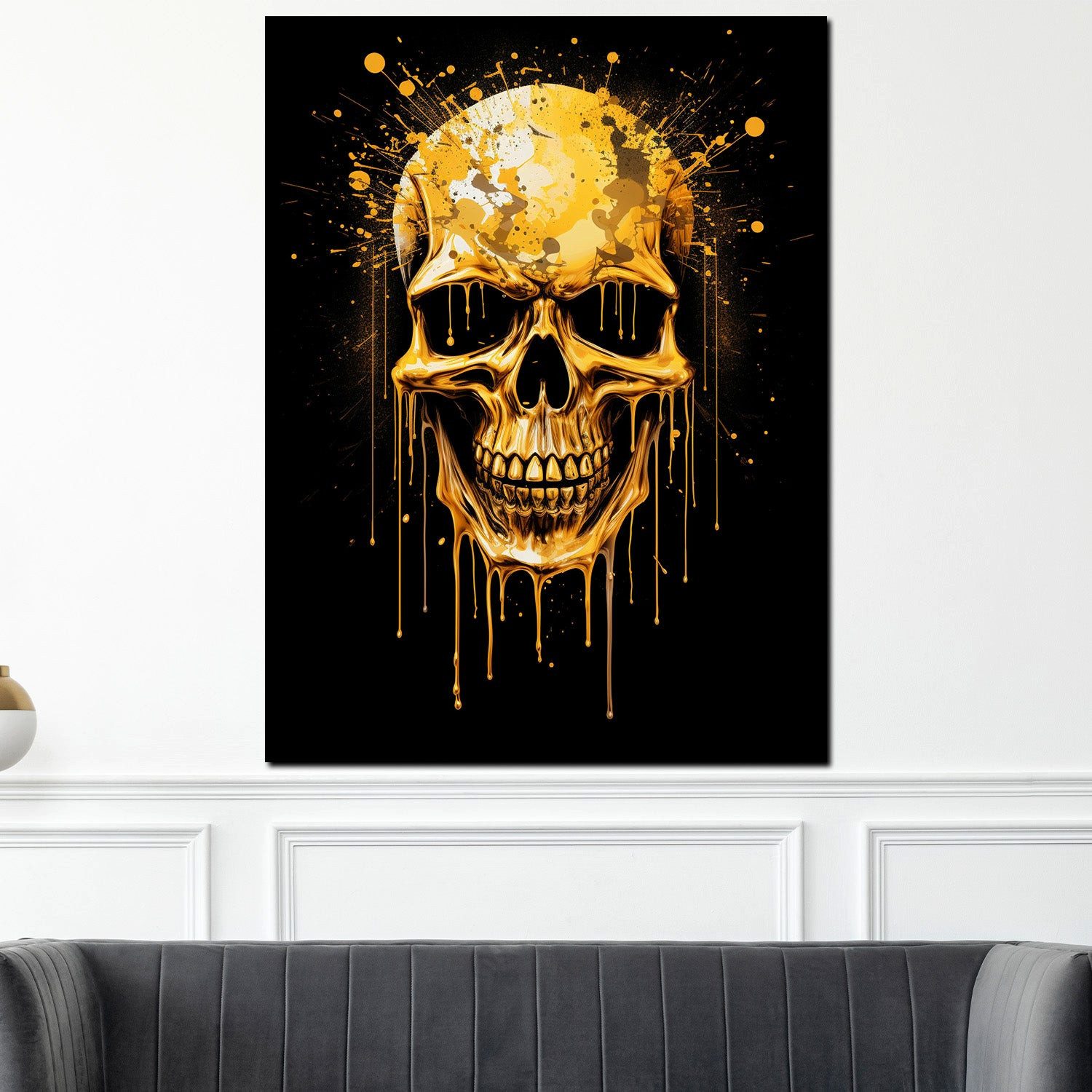 Artedinoi Leinwandbild Totenkopf Gold Schwarz edel Dark Leinwandbild Kunstdruck XL Deko, Goldener Totenkopf, dunkel