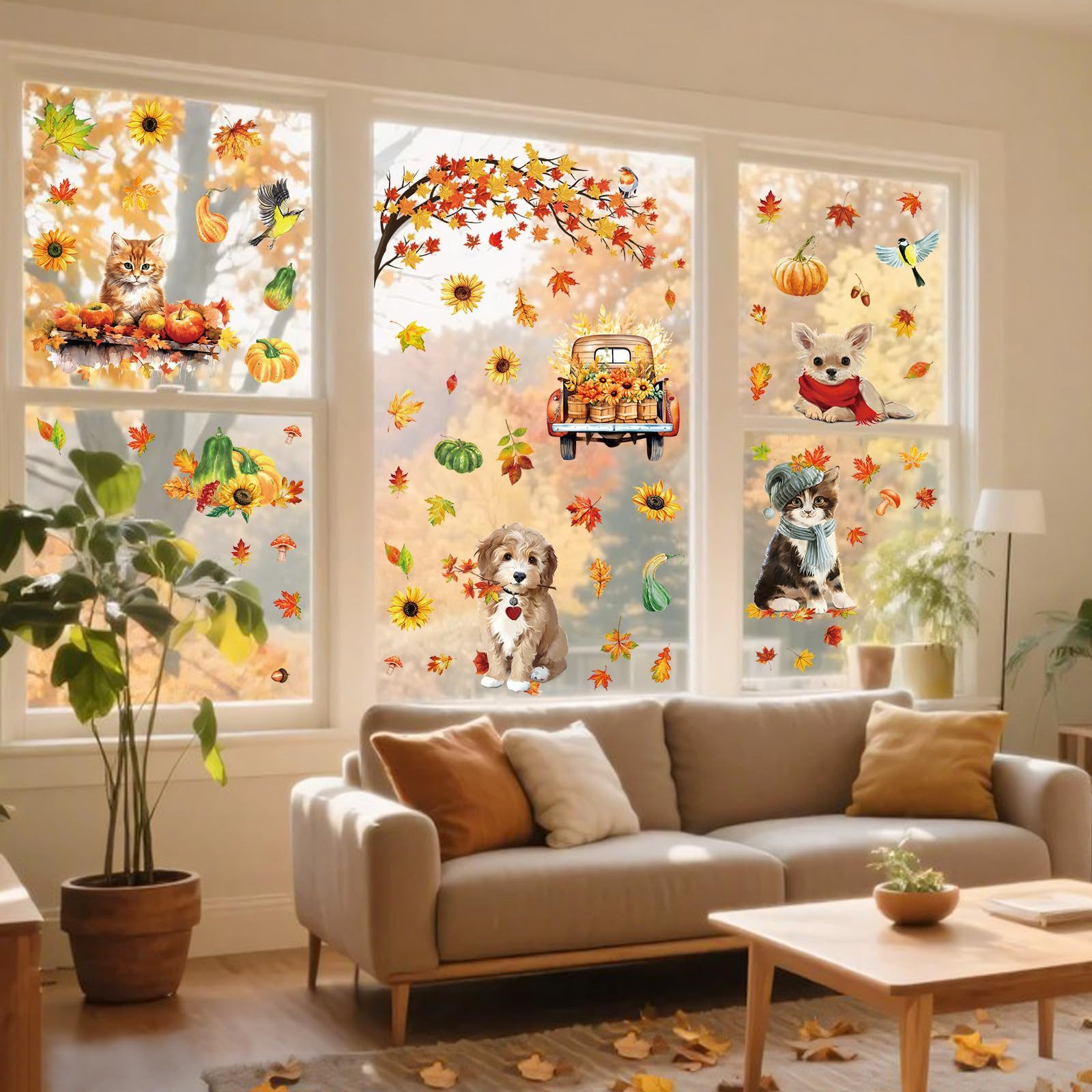 Sorvyzxn Fensterfolie Fensterbilder Herbst, Autumn Fensterbild Selbstklebend, Herbstdeko, Fenster Sticker Kinder, Fensteraufkleber Herbstliche Blätter – Bild 2 von 5