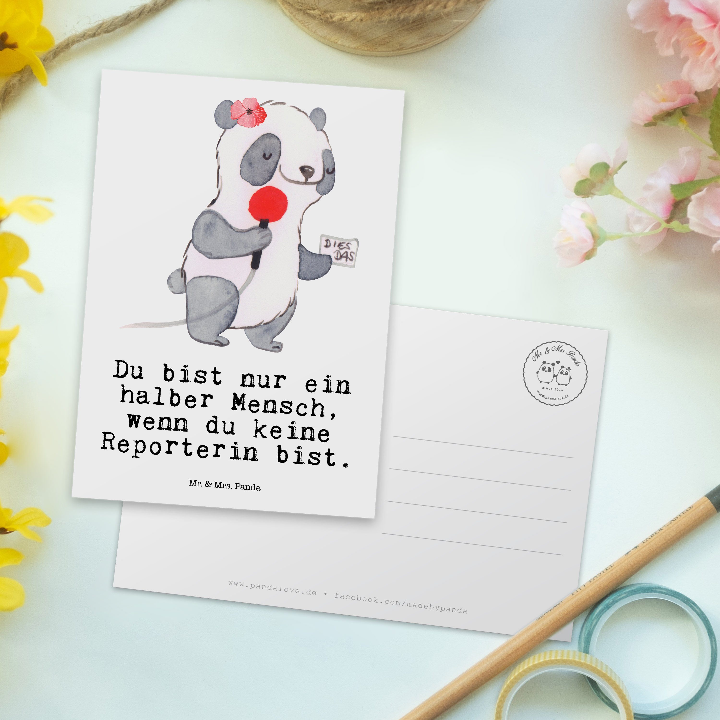 Grußkarte, Panda Weiß Reporterin & Herz Mrs. mit Mr. Danke, Geschenk, Postkarte - Dankeschön -