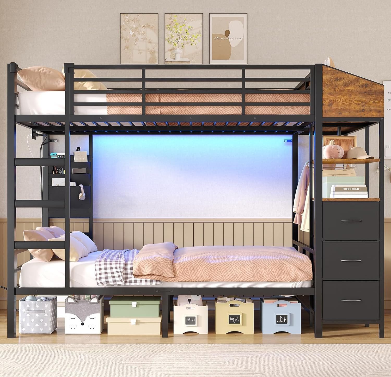 MSMASK Etagenbett mit Treppe, Garderobenständer und viel Stauraum, 90x200cm (1-St., Ohne Matratze), Modernes Hochbett mit LED Beleuchtung und Ladestation