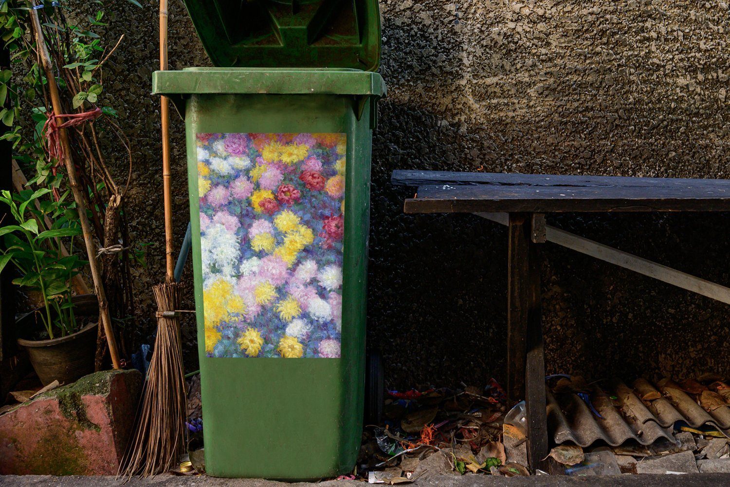 MuchoWow Monet - von Claude Wandsticker (1 Abfalbehälter Mülleimer-aufkleber, St), Mülltonne, Container, Sticker, Gemälde Chrysanthemen