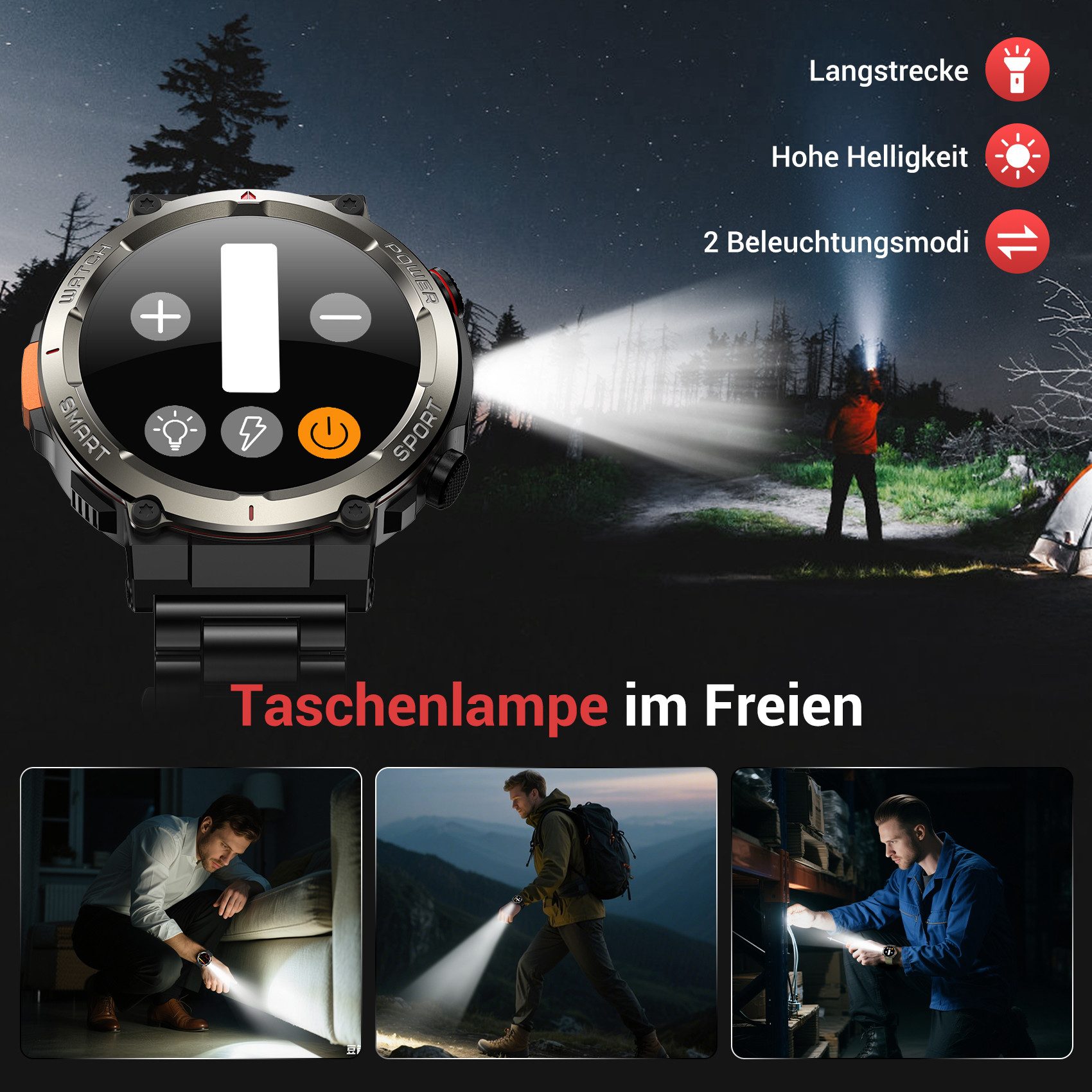 blackview Militärische Smartwatch für Herren mit 960mAh(30 Tage),Telefonfunktion Smartwatch (1.45 Zoll, iOS/Android), 3-tlg., 3 x Riemen / 2 x Riemen und Ladekabel, Sprachassistent,LED-Taschenlampe,Kompass,150+ Sportmodi,Schritten,IP68