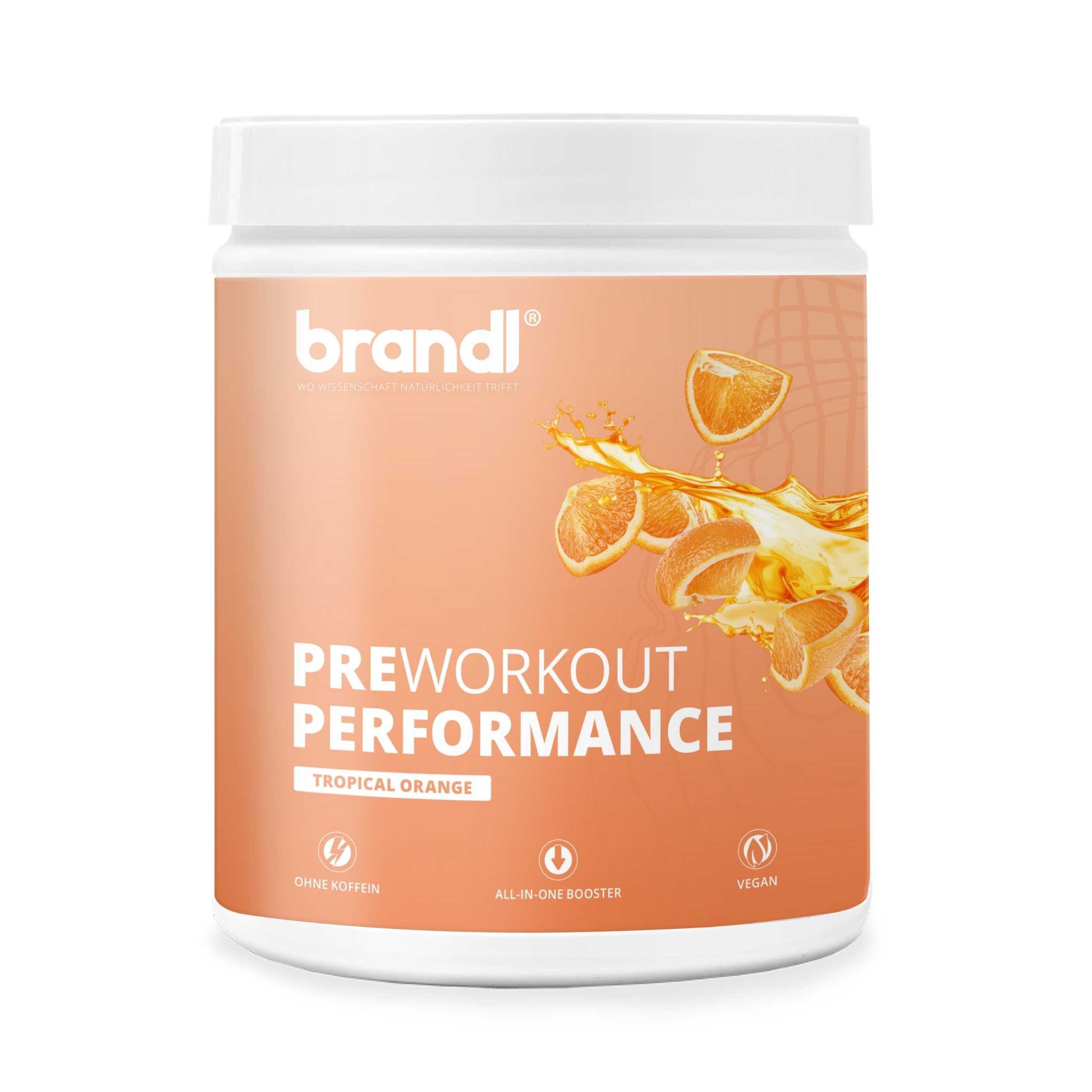 Brandl Nutrition PreWorkout Booster mit Vitamin B6, L-Citrullin für Gym und Workouts Pulver, Performance Shake, tropical orange & unabhänging laborgeprüft