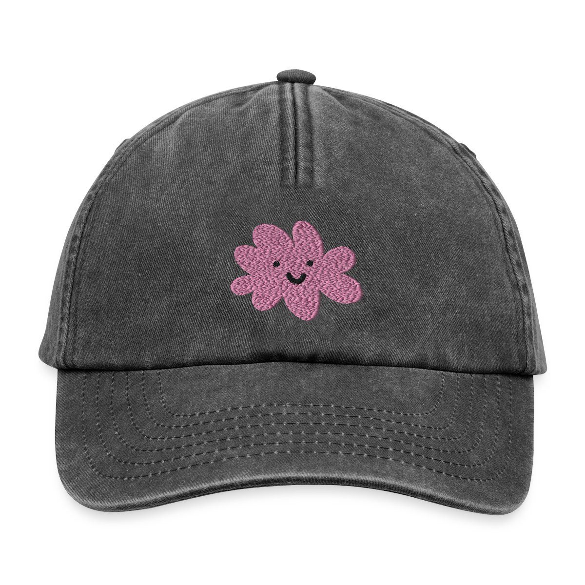 Spreadshirt Baseball Cap Fröhliche Rosa Blume Mit Lächelndem Gesicht Vintage Cap (1-St)