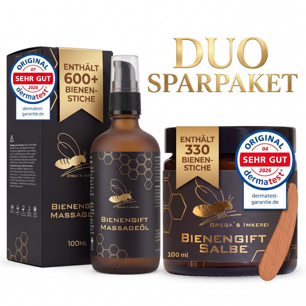 Grega´s Imkerei Körpercreme Bienengift DUO SET mit Bienengiftsalbe & Massageöl für Muskeln & Gelenke, 2-tlg., Hochdosiertes Apitoxin mit reinsten +70 % Melittin gehalt.