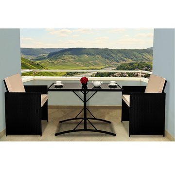 Casaria Balkonset Cube, Polyrattan Tisch 2 Stühle 7 cm Auflagen 5 cm Rückenkissen Draußen