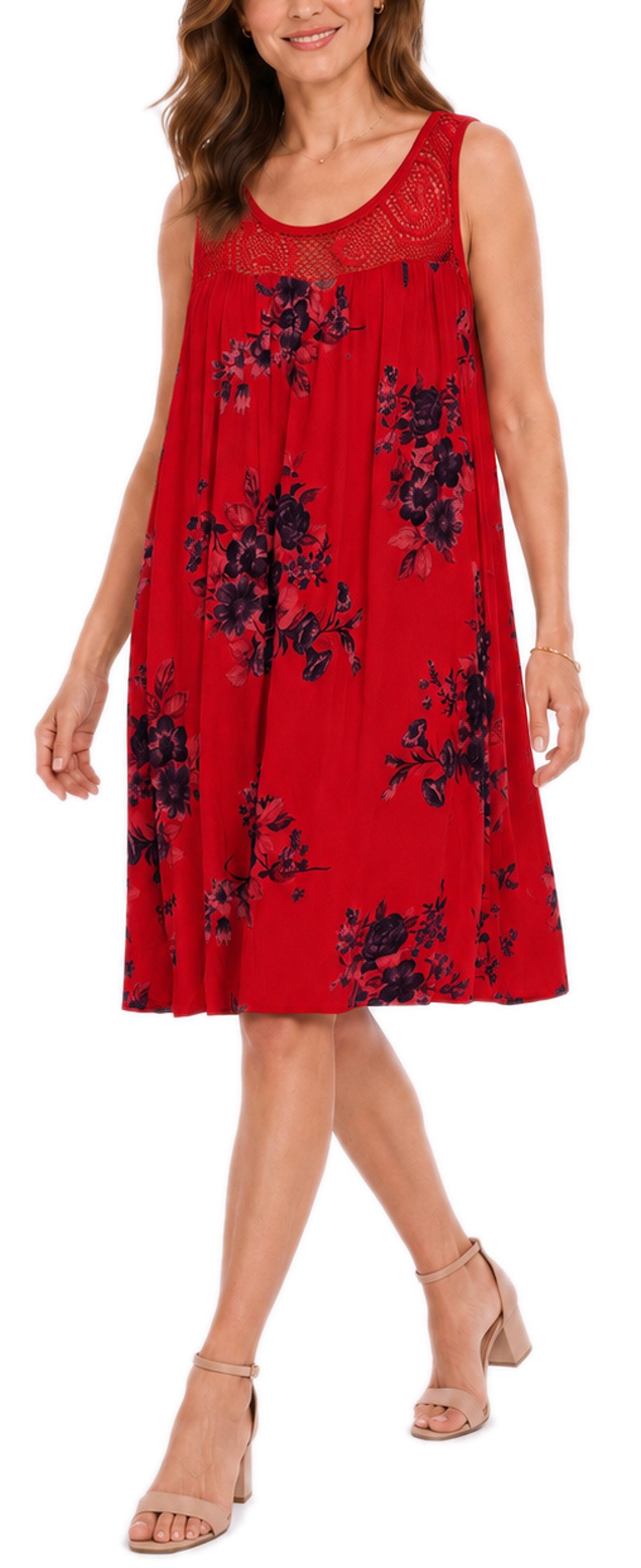dy_mode Midikleid Damen Sommerkleid Blumenmuster Midi Kleid Strandkleid knielang Knielang, Transparente Häkel-Einsatz im Dekolleté- und Rückenbereich