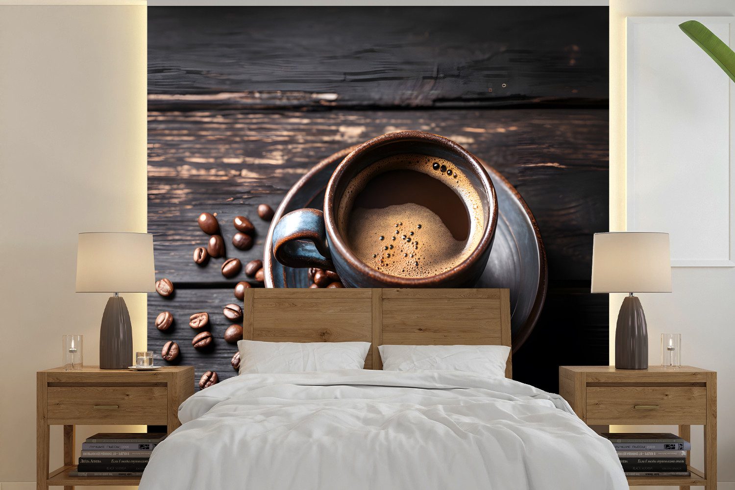 MuchoWow Fototapete Tasse - Kaffee - Holz - Bohnen, Matt, bedruckt, Vliestapete für Wohnzimmer Schlafzimmer Küche, Fototapete, 220x220 cm