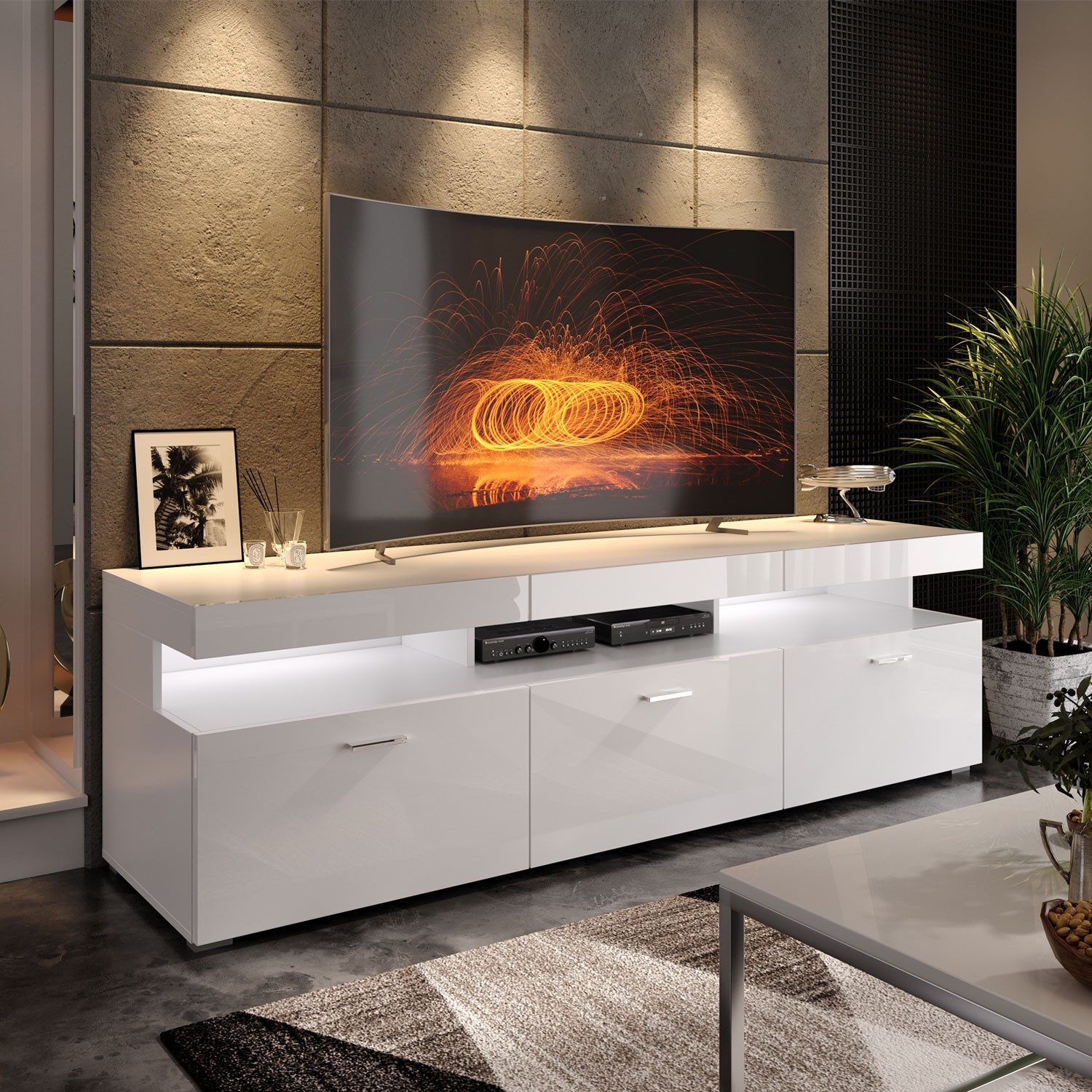 ALLHOUSE24 TV-Schrank MILANO 180 cm LED Beleuchtung Unterschrank Griffe oder Push to Open (1x TV Schrank) Breite 180 cm