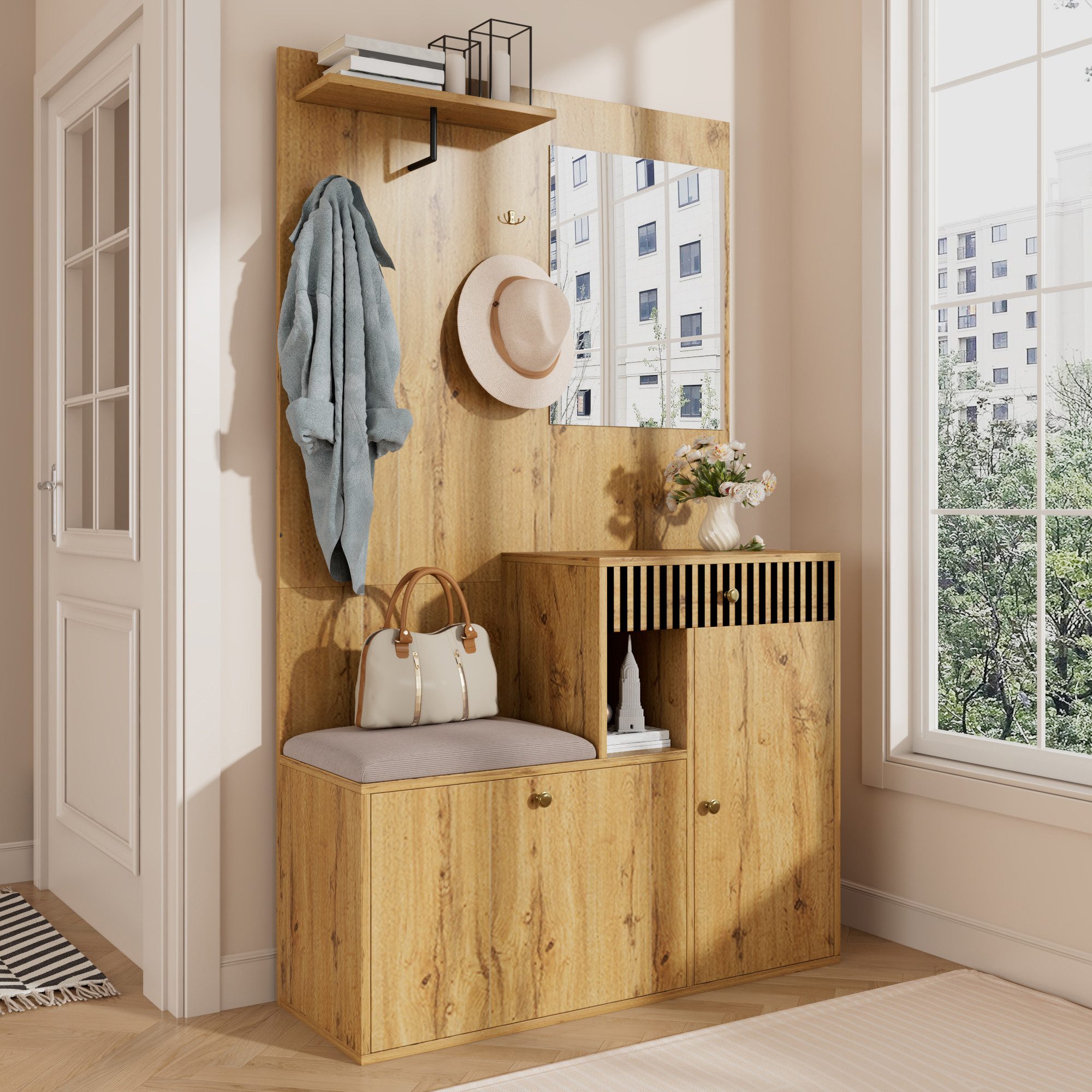 Merax Garderoben-Set mit Spiegel, Schuhschrank & Sitzkissen, (Garderobenkom günstig online kaufen