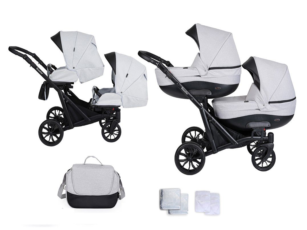 babies-on-wheels Zwillings-Kombikinderwagen Zwillingskinderwagen 2 in 1 Booster - 11 Teile - in 4 Farben Hellgrau | Geschwisterwagen