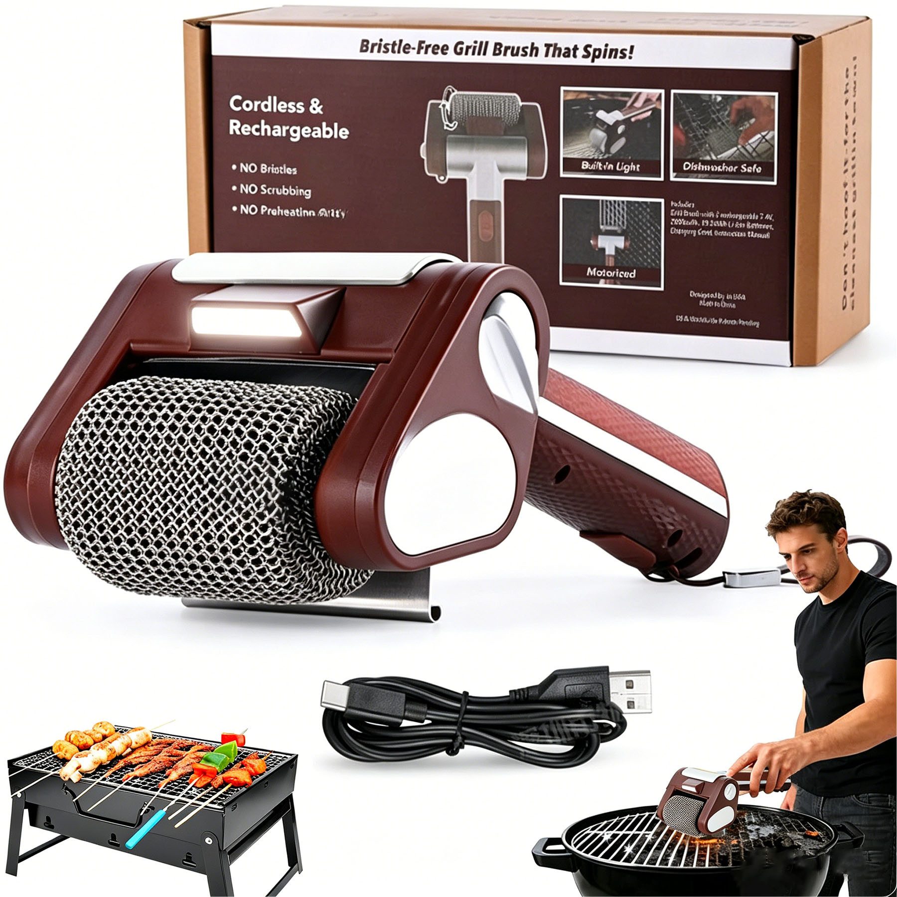 Senmudi Elektrische Grillbürste Elektrische Grillbürste-304 Edelstahl-Bürstenkopf, Wiederaufladbar, Borstenfrei Grillbürste,austauschbare Bürstenköpfe,Tiefenreinigung, Rotiert mit 350 U/min, LED-Licht für Grillreinigung im Freien, Für alle Grillroste – unverzichtbares Zubehör für den Garten