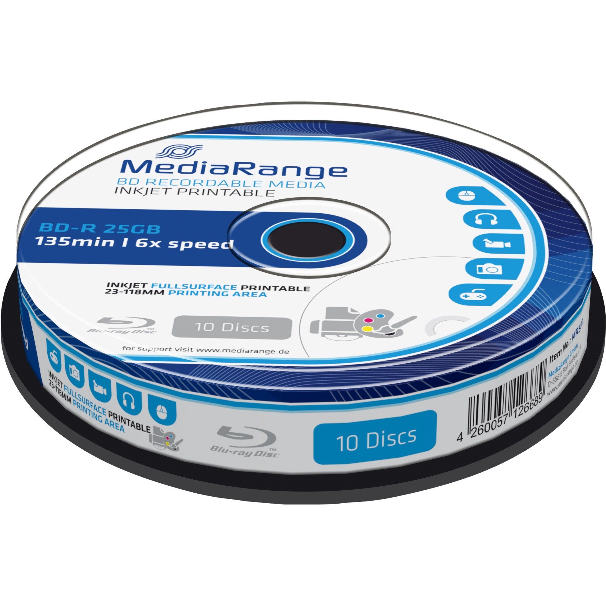 Mediarange Blu-ray-Rohling MediaRange BD-R 25GB, Blu-ray-Rohlinge, (6fach, 10