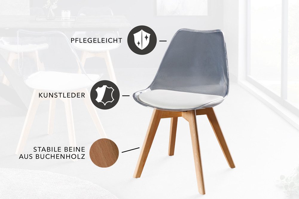 riess-ambiente Esszimmerstuhl SCANDINAVIA MEISTERSTÜCK transparent / weiß / natur (Einzelartikel, 1 St), Kunststoff · Kunstleder · Massivholz · Design
