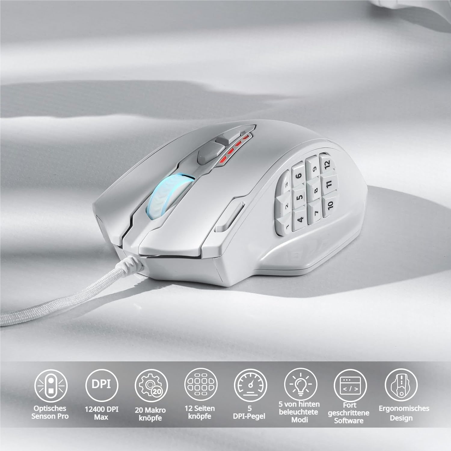 Redragon 12400 DPI Kabelgebundene Laser MMO mit Hochpräziser Betätigung Gaming-Maus (kabelgebunden, RGB-Hintergrundbeleuchtung & Programmierbare Tasten)
