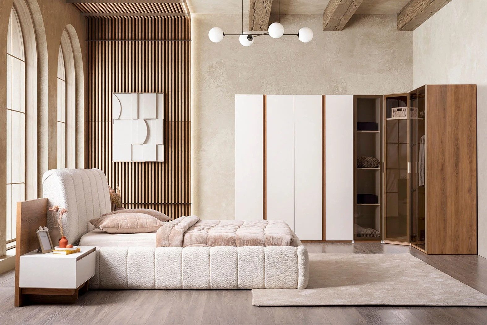 JVmoebel Schlafzimmer-Set Schlafzimmer-Set Beige aus Holz – Komfort & Organisation pur, (4-tlg., MaßeBett, MaßeEck-Kleiderschrank, Maße 2x Nachttische), Made in Europe