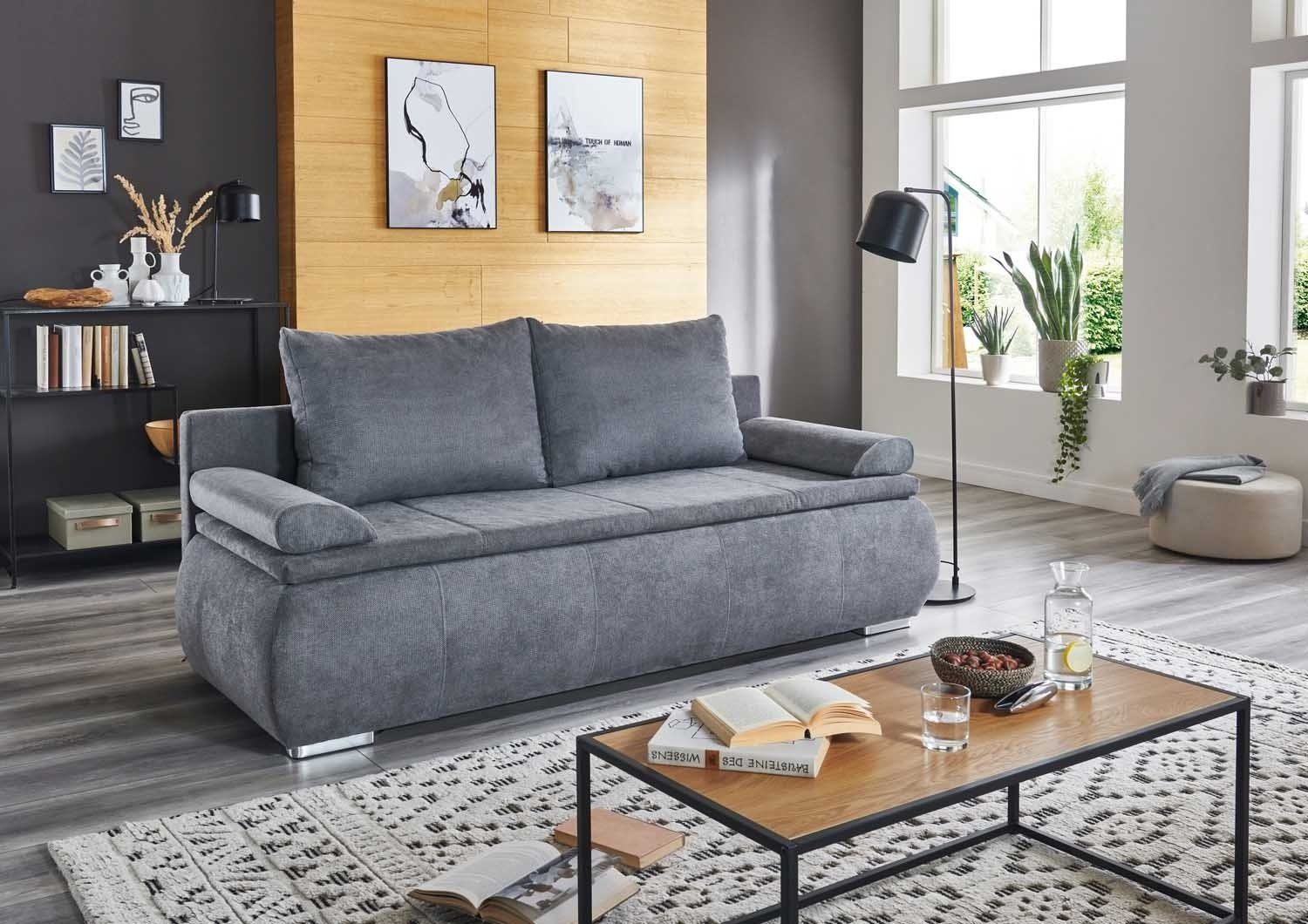 Sofa LENON, Grau, Stoffbezug, Schlaffunktion, Bettkasten, günstig online kaufen
